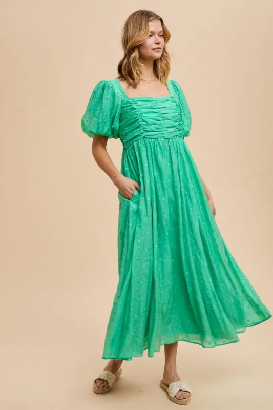 Green Embroidered Shirred Puff Sleeve Maxi Dress sold by Pinkblush
