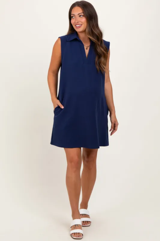 Navy Sleeveless Polo Maternity Mini Dress sold by Pinkblush