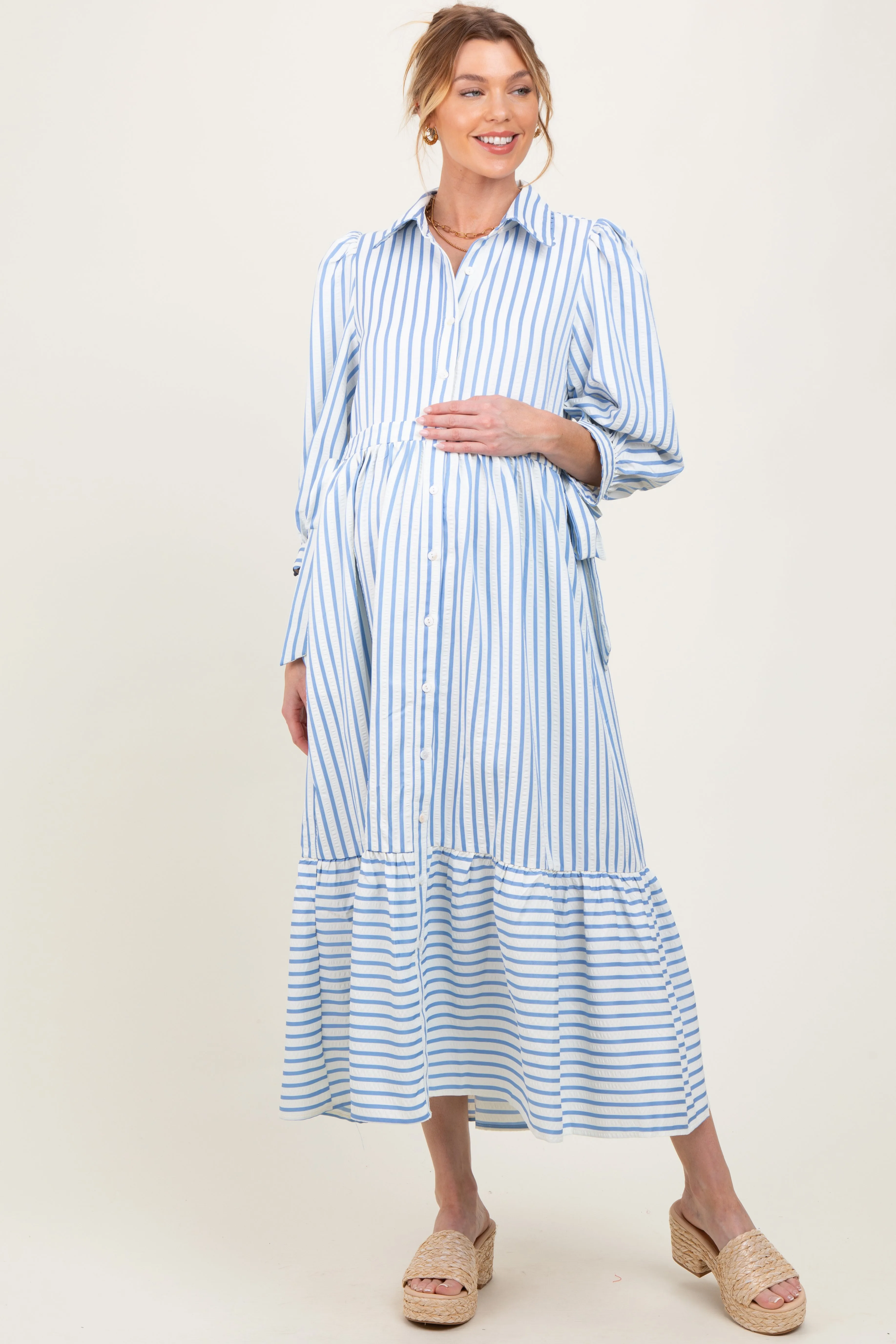 Blue Striped Collar Maternity Maxi Dress sold by Pinkblush
