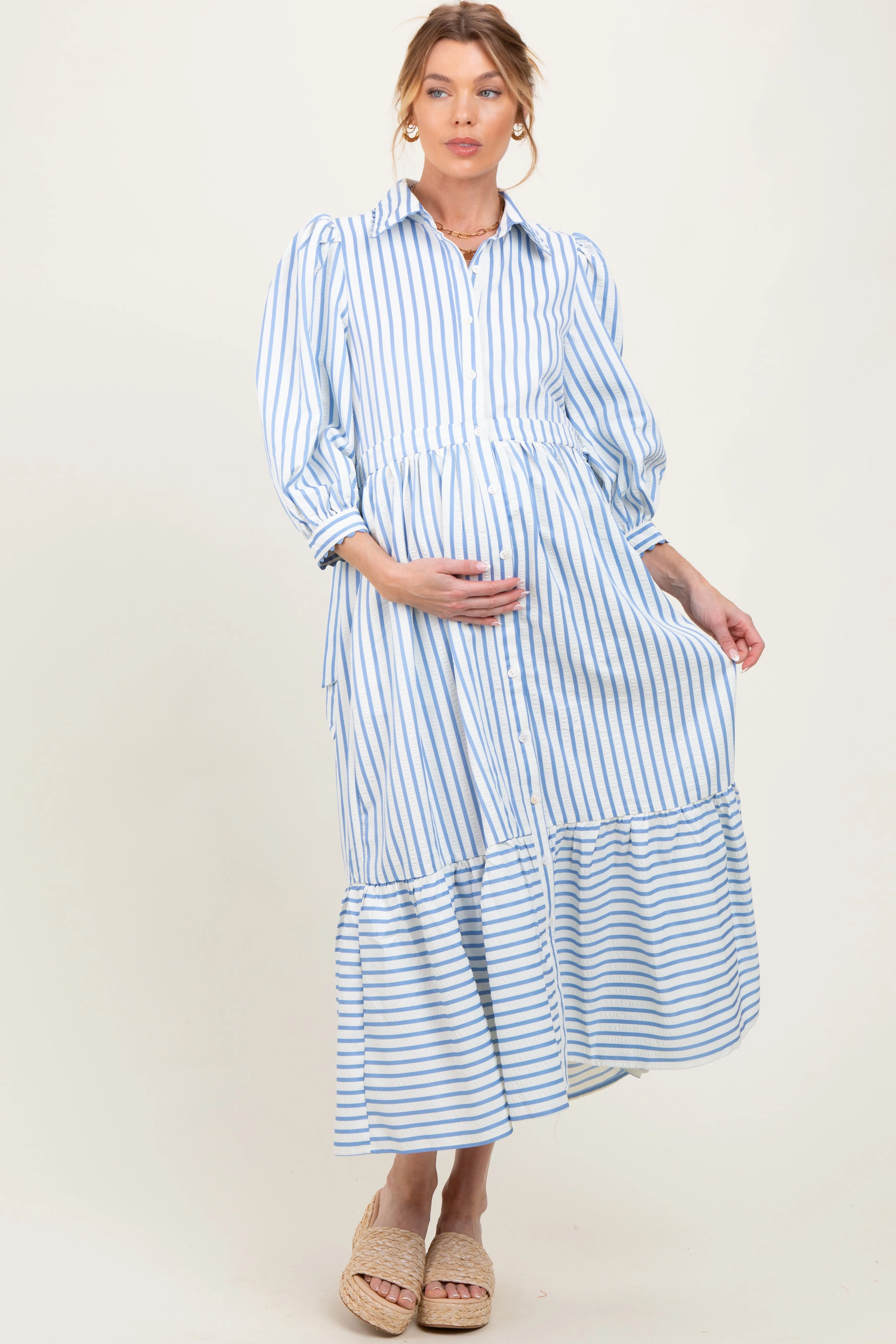 Blue Striped Collar Maternity Maxi Dress sold by Pinkblush product image thumbnail 2