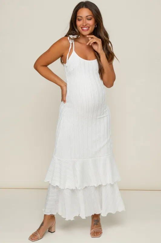 White Textured Shoulder Tie Layered Hem Maternity Maxi Dress sold by Pinkblush