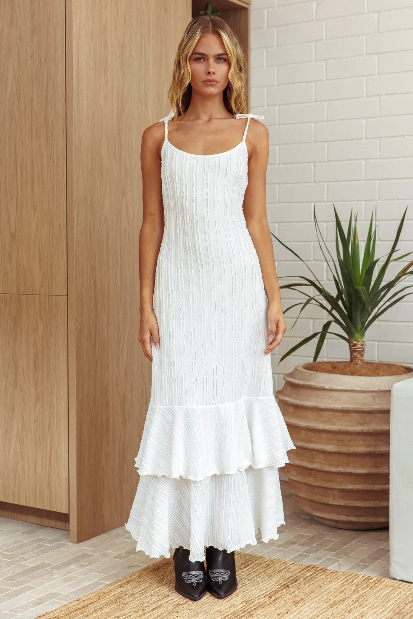 White Textured Shoulder Tie Layered Hem Maternity Maxi Dress sold by Pinkblush product image thumbnail 2