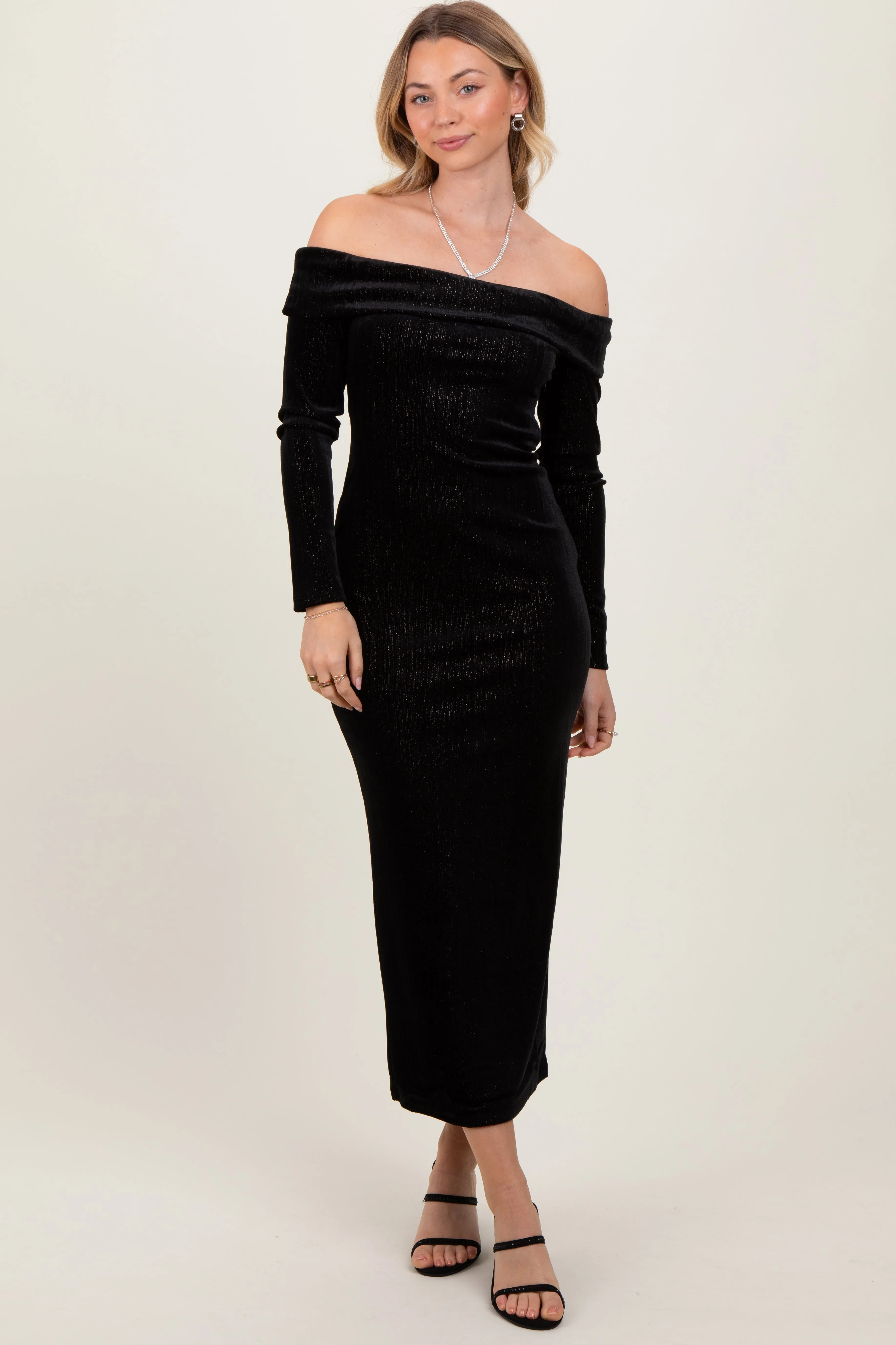 Black Shiny Velour Off Shoulder Midi Dress sold by Pinkblush product image thumbnail 2