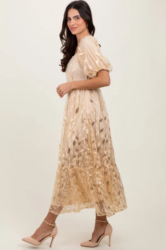 Cream Embroidered Sequin Detail Mesh Overlay Maxi Dress sold by Pinkblush