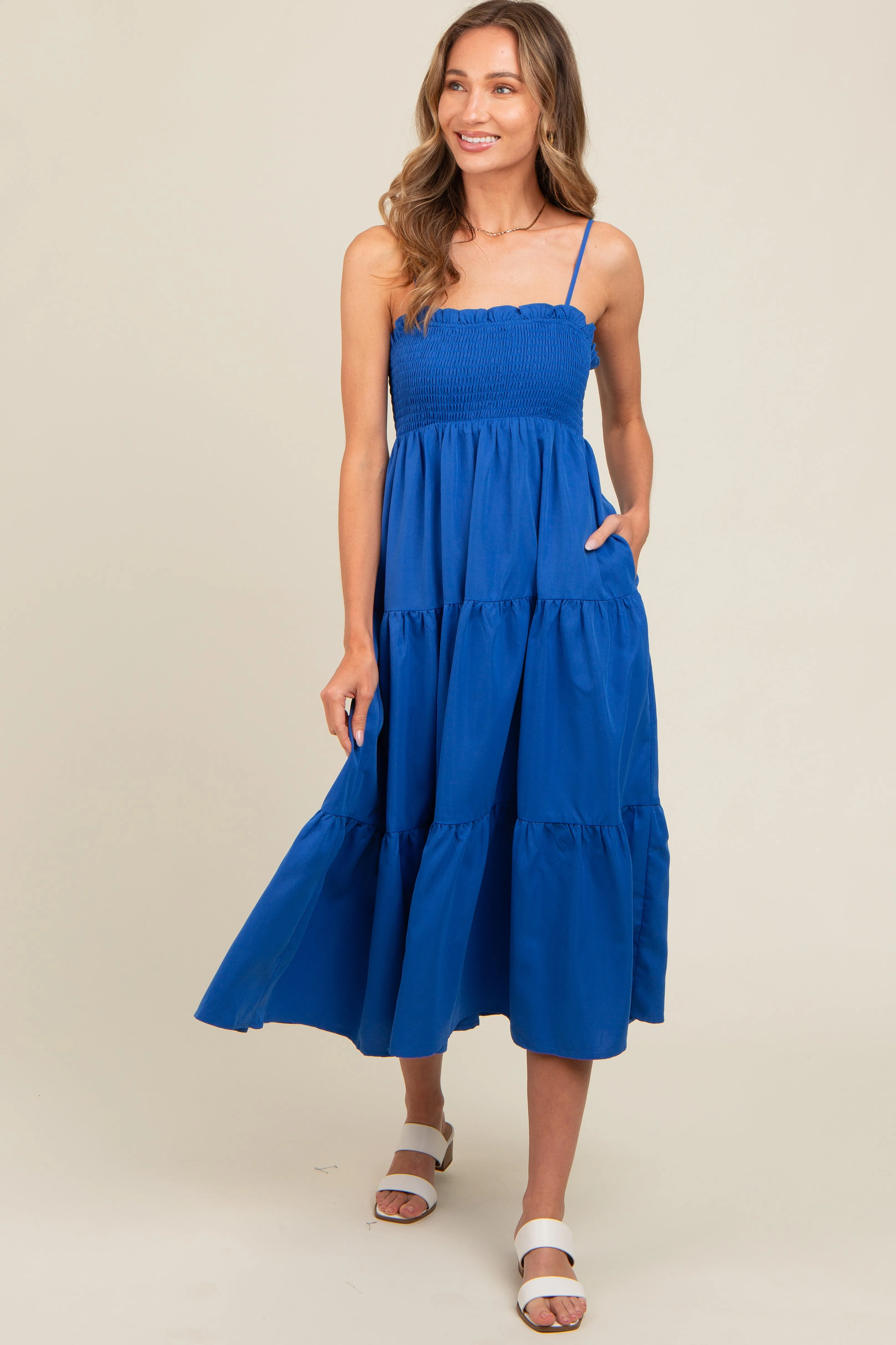 Royal Blue Smocked Cut-Out Back Tiered Midi Dress sold by Pinkblush