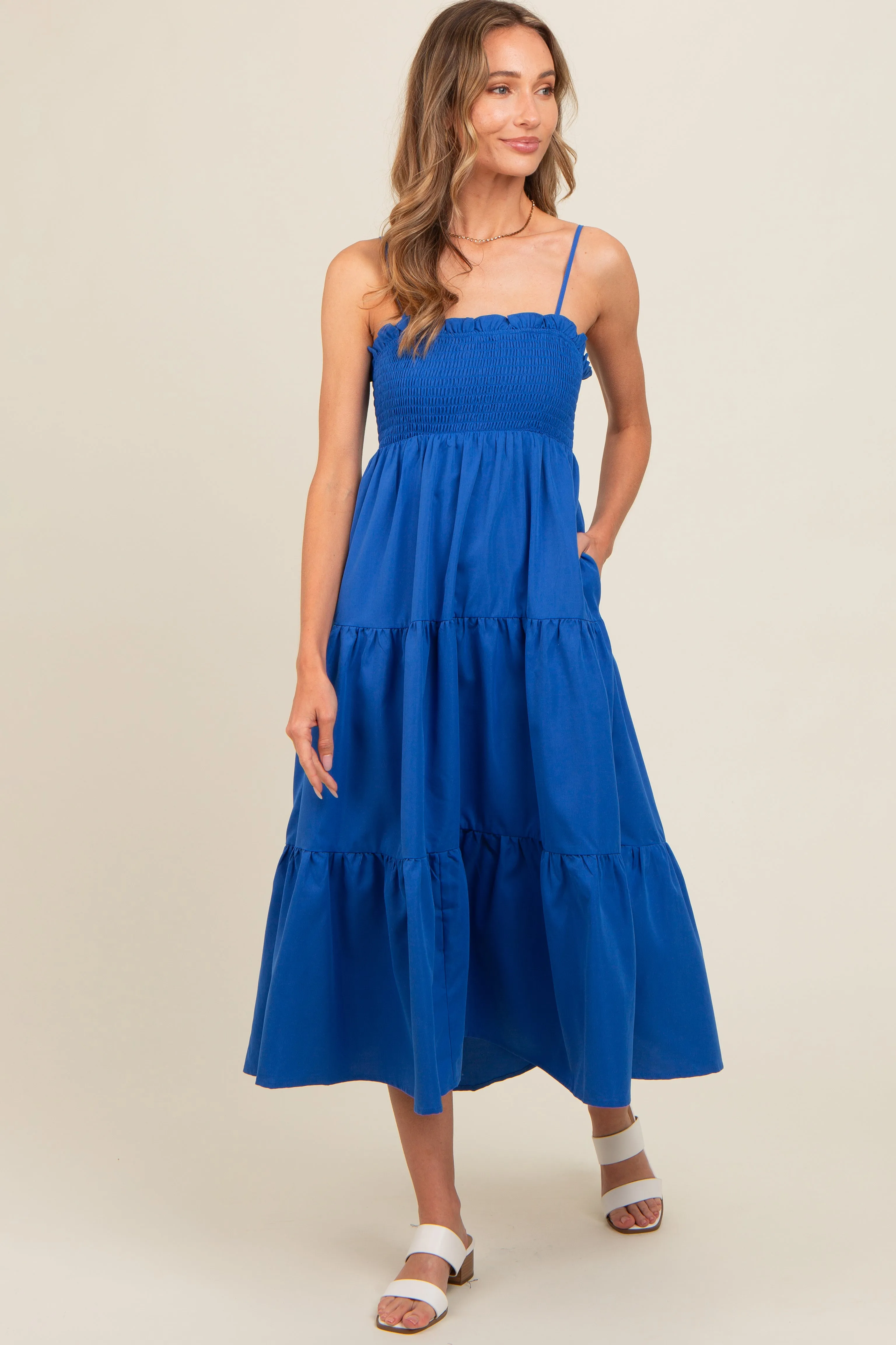 Royal Blue Smocked Cut-Out Back Tiered Midi Dress sold by Pinkblush product image thumbnail 2