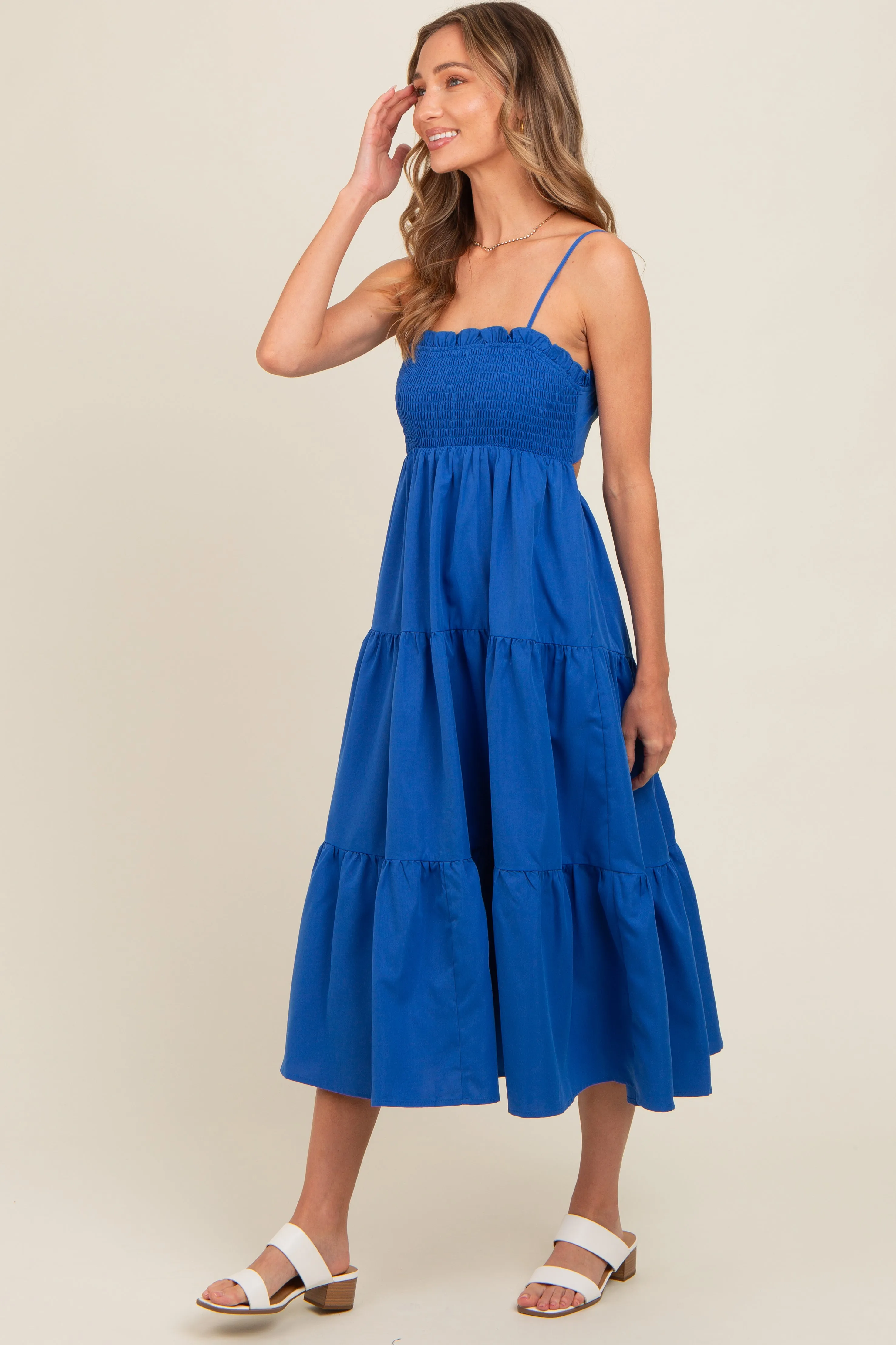 Royal Blue Smocked Cut-Out Back Tiered Midi Dress sold by Pinkblush product image thumbnail 3