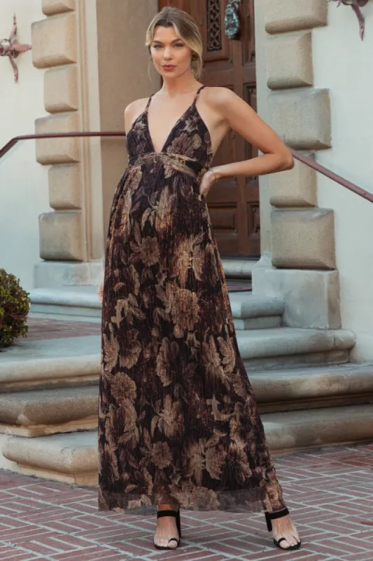 Dark Brown Floral Deep V-Neck Back Cutout Maternity Maxi Dress sold by Pinkblush