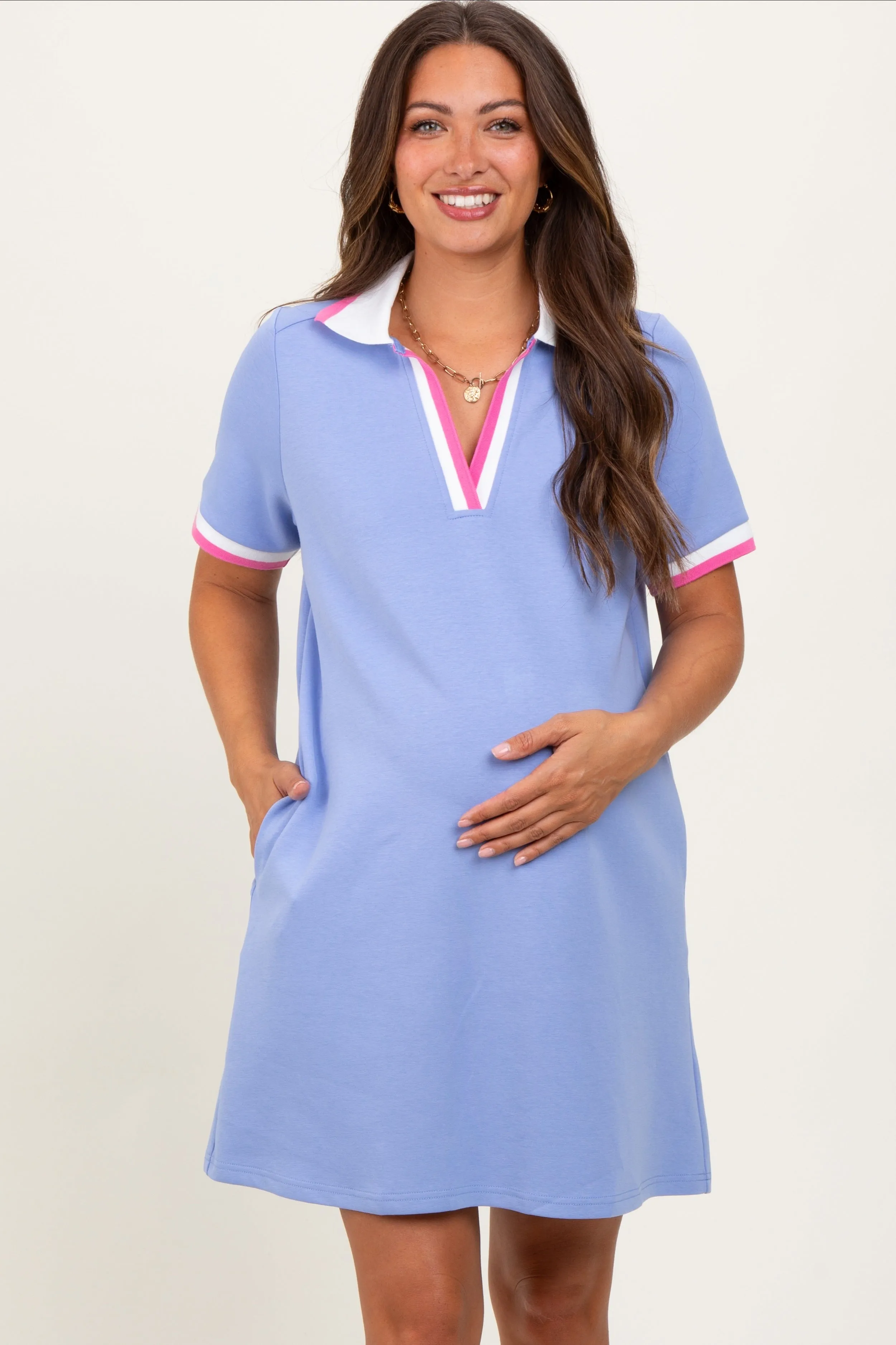 Blue Contrast Trim Maternity Mini Polo Dress sold by Pinkblush