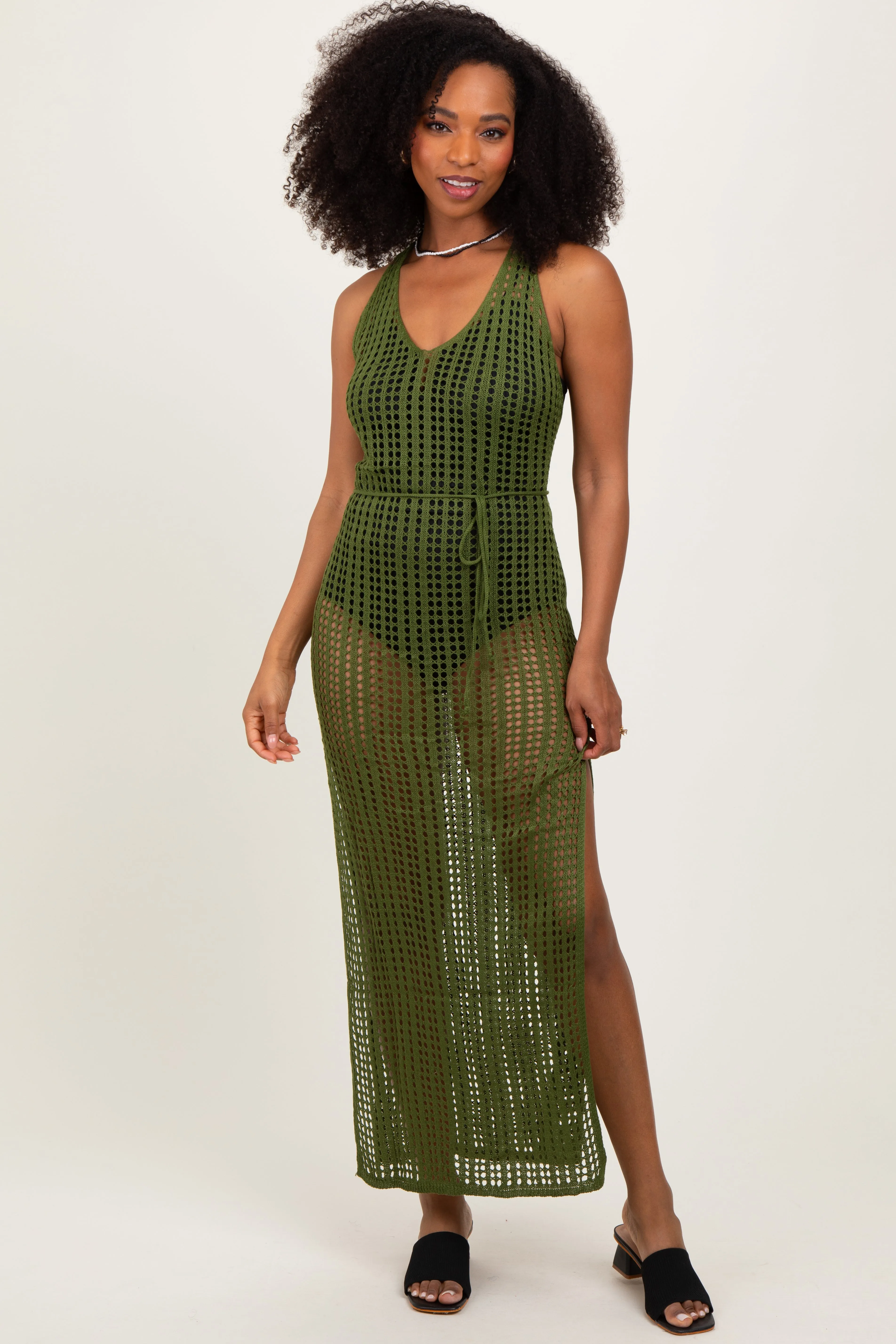 Olive Crochet V-Neck Side Slit Cover Up sold by Pinkblush product image thumbnail 2