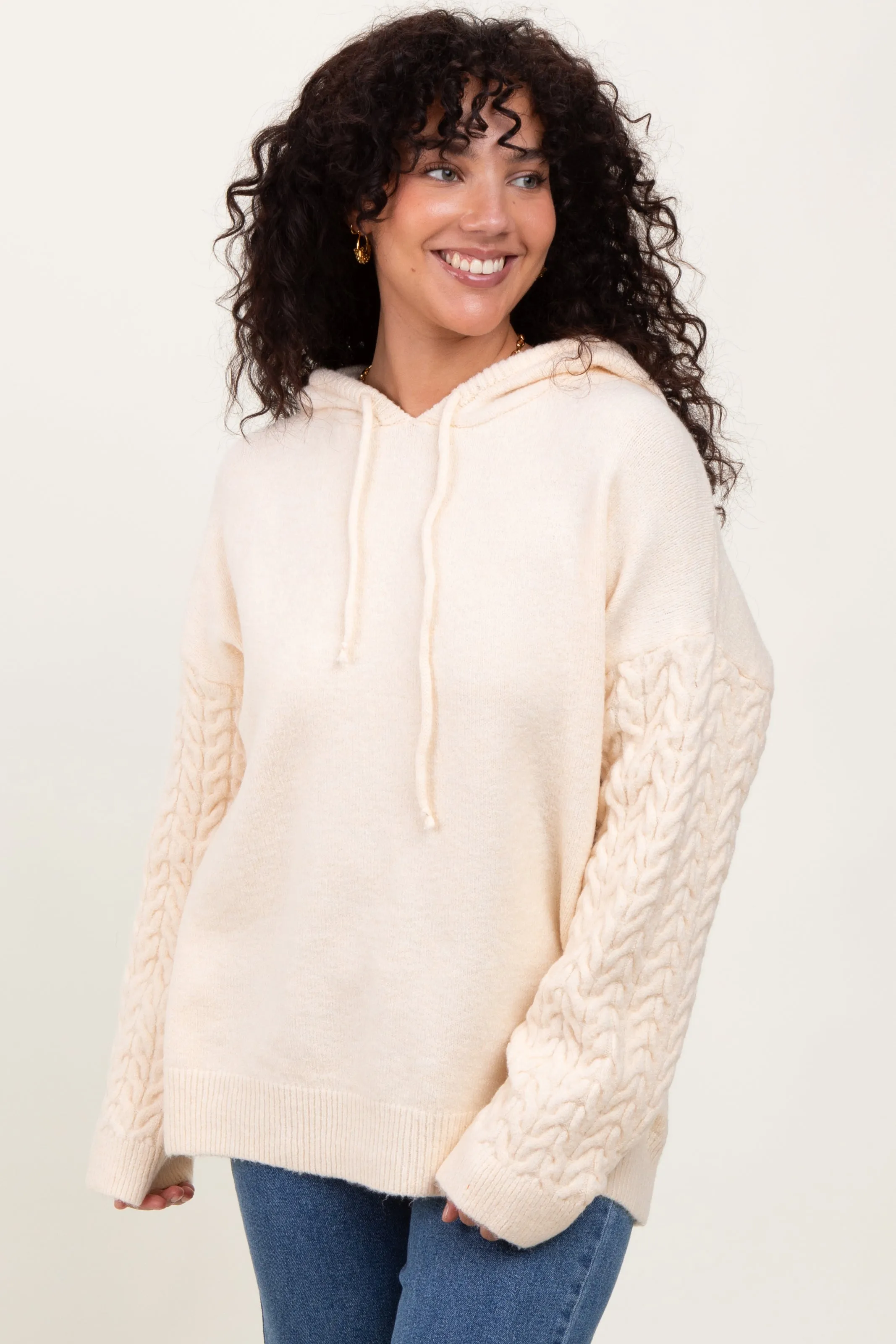 Cream Pullover Knit Hoodie sold by Pinkblush