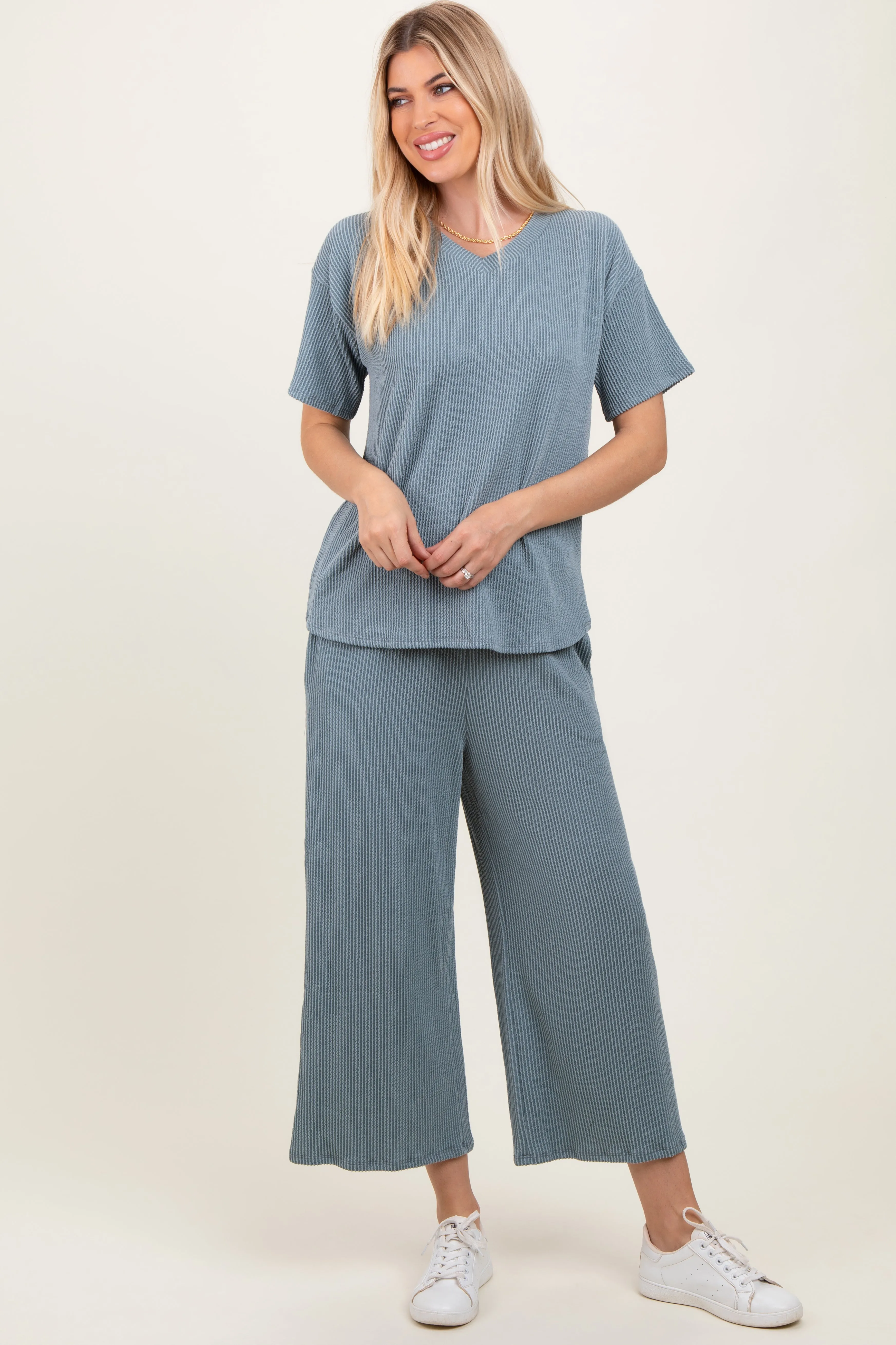 Dark Teal Ribbed Short Sleeve Top Pajama Set sold by Pinkblush