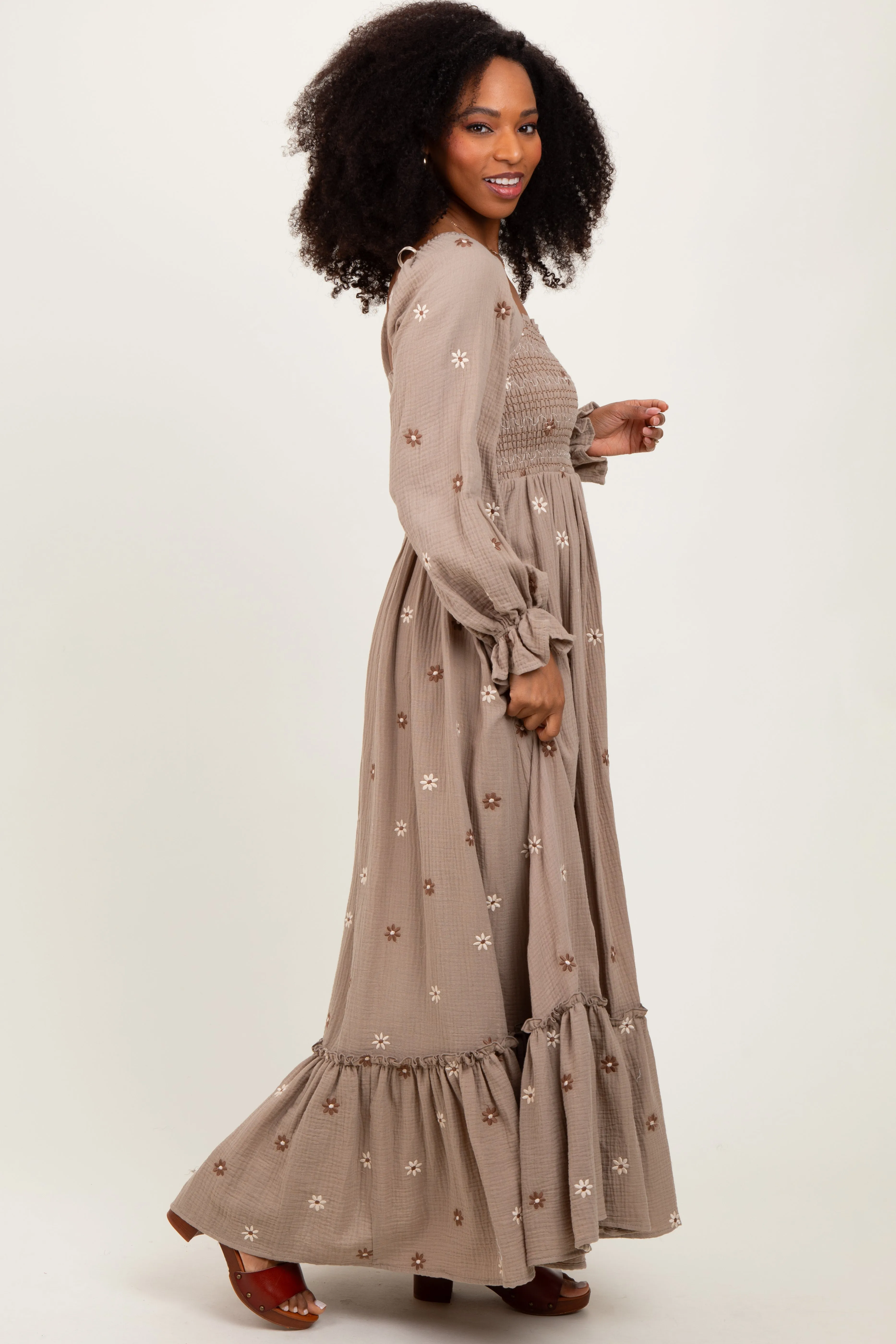 Grey Taupe Long Sleeve Floral Accent Dress sold by Pinkblush product image thumbnail 2