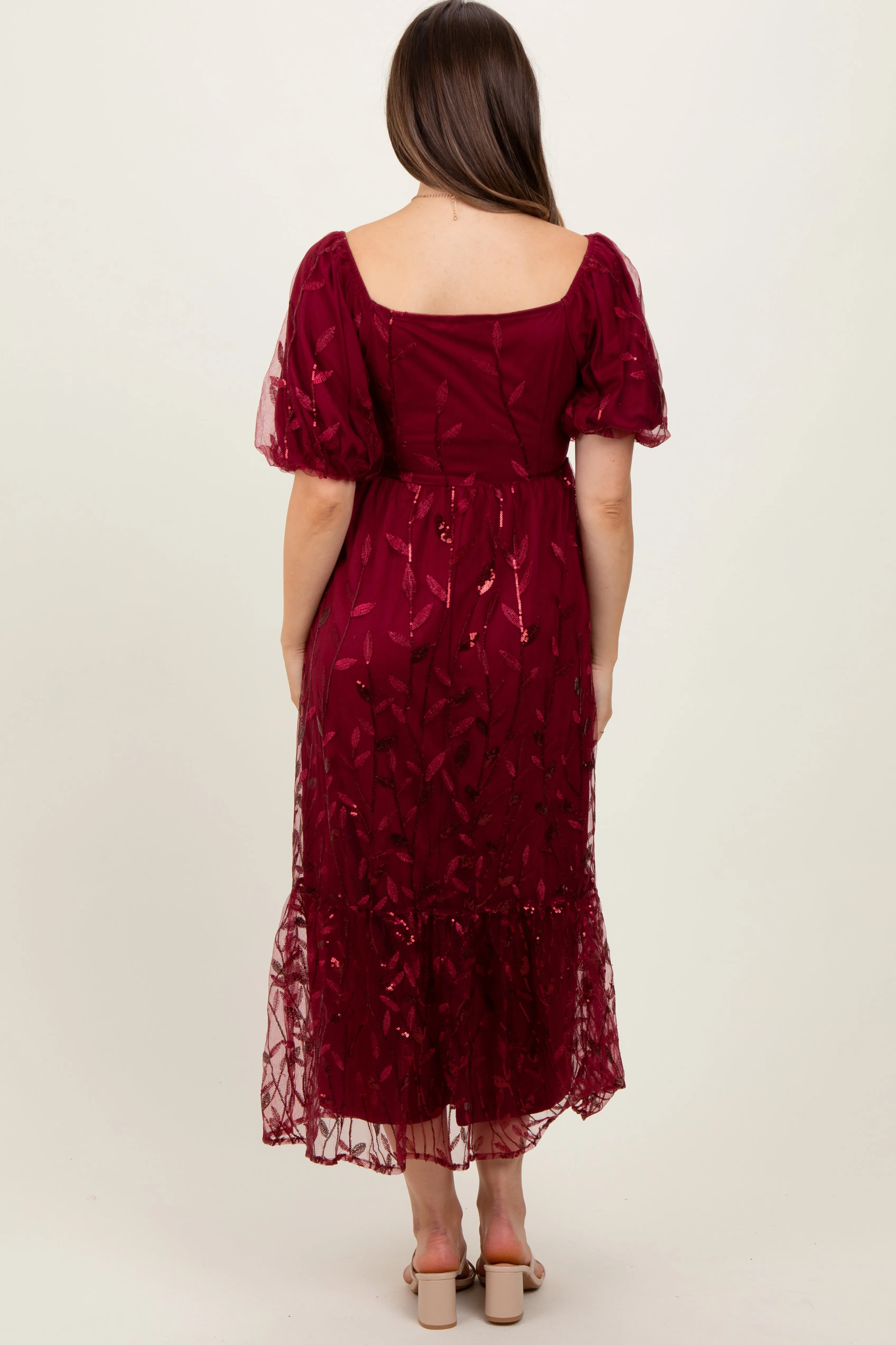 Burgundy Embroidered Sequin Detail Mesh Overlay Maternity Maxi Dress sold by Pinkblush product image thumbnail 4