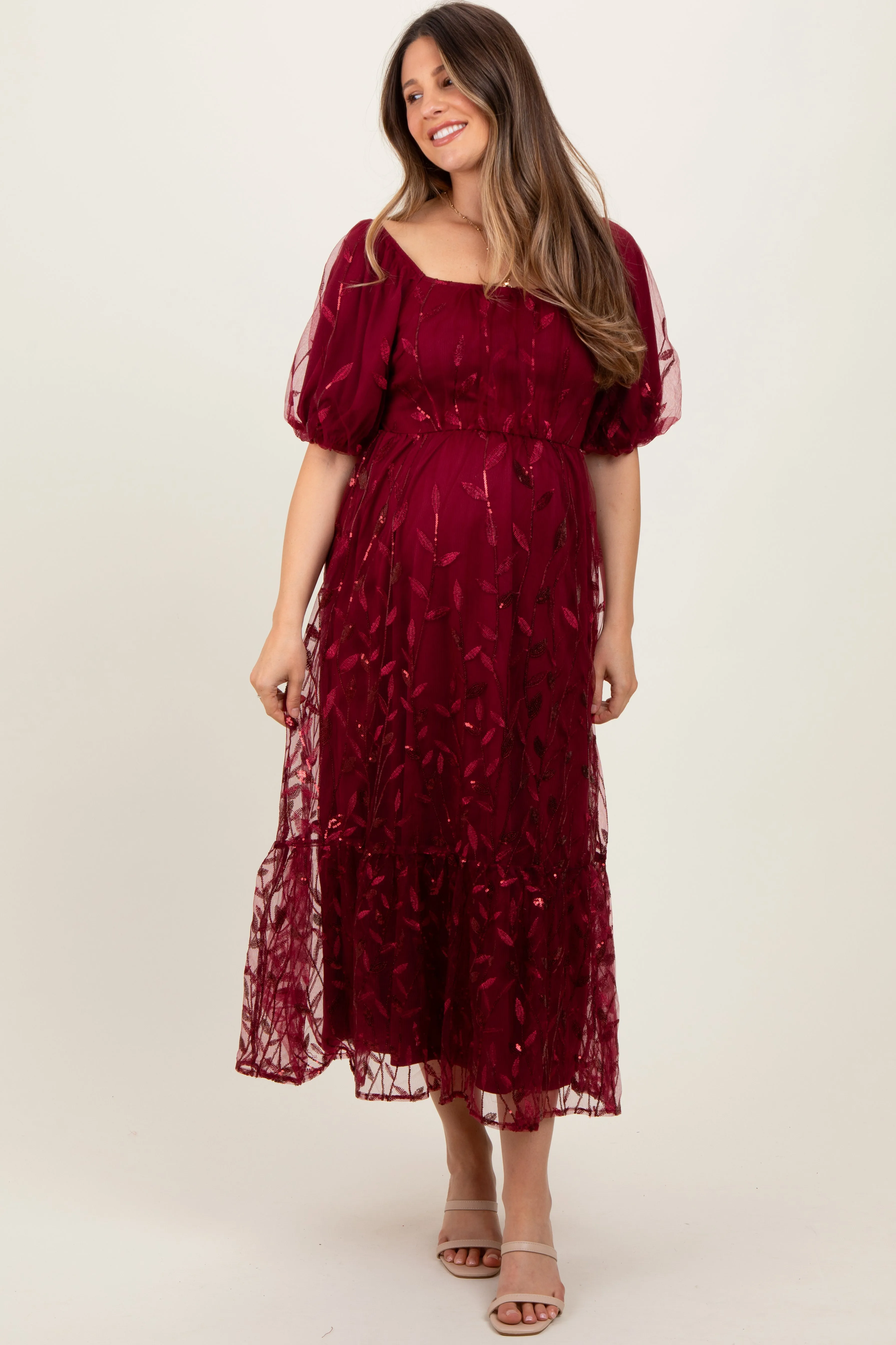 Burgundy Embroidered Sequin Detail Mesh Overlay Maternity Maxi Dress sold by Pinkblush product image thumbnail 2