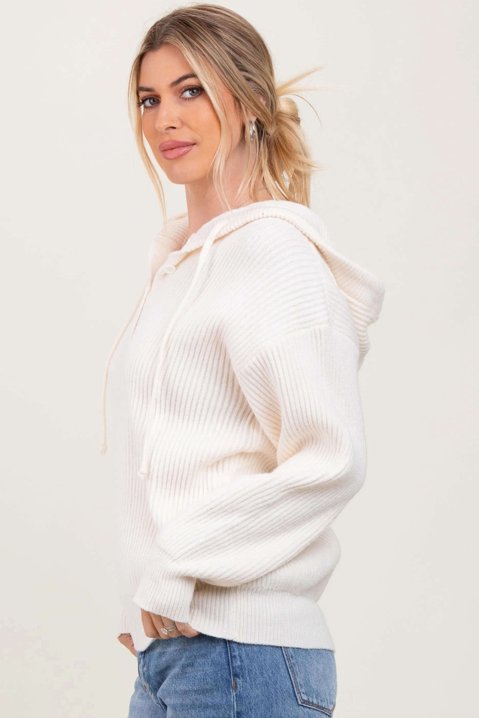 Cream Ribbed Knit Button Front Hooded Sweater sold by Pinkblush product image thumbnail 3