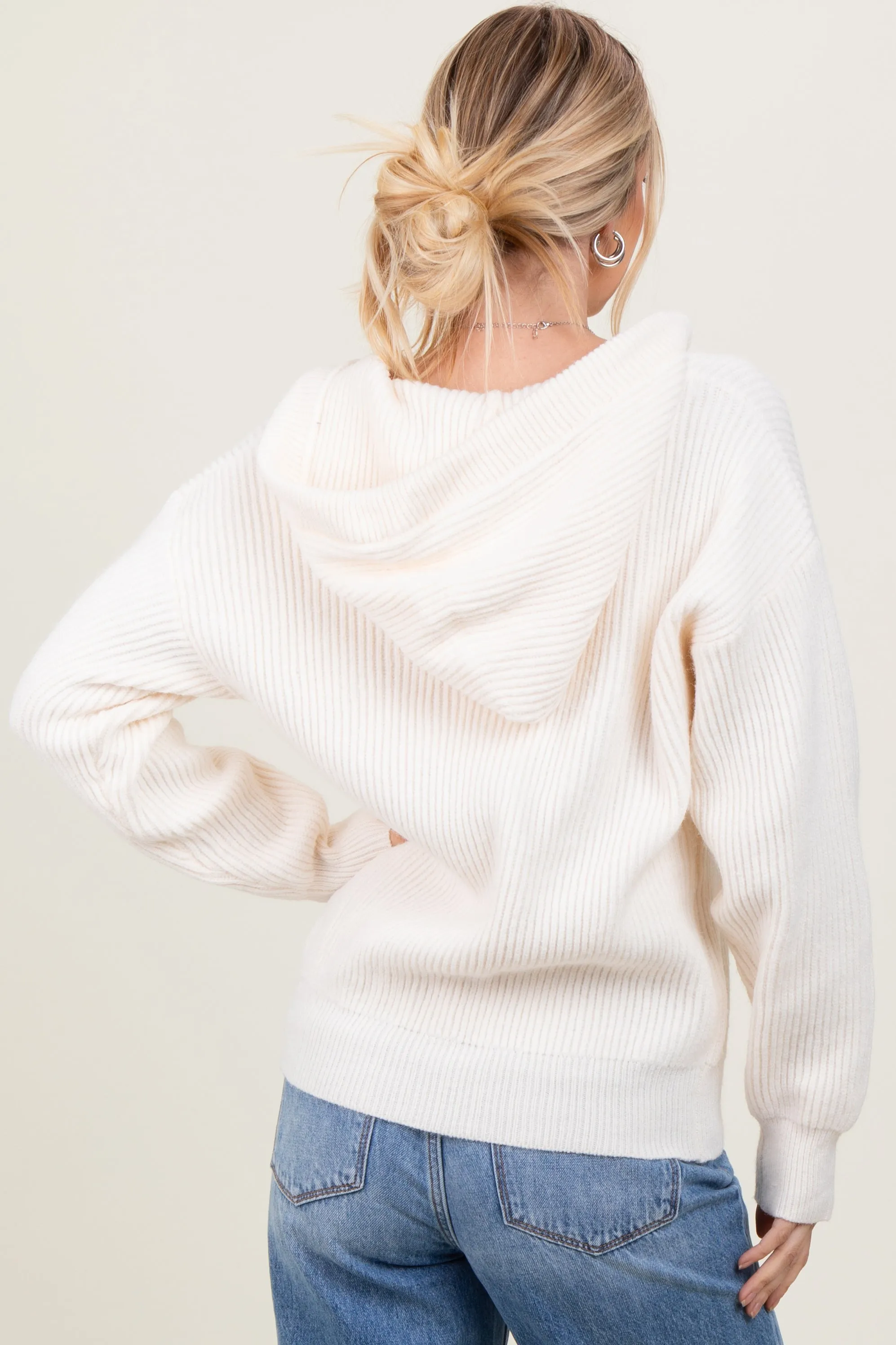Cream Ribbed Knit Button Front Hooded Sweater sold by Pinkblush product image thumbnail 4