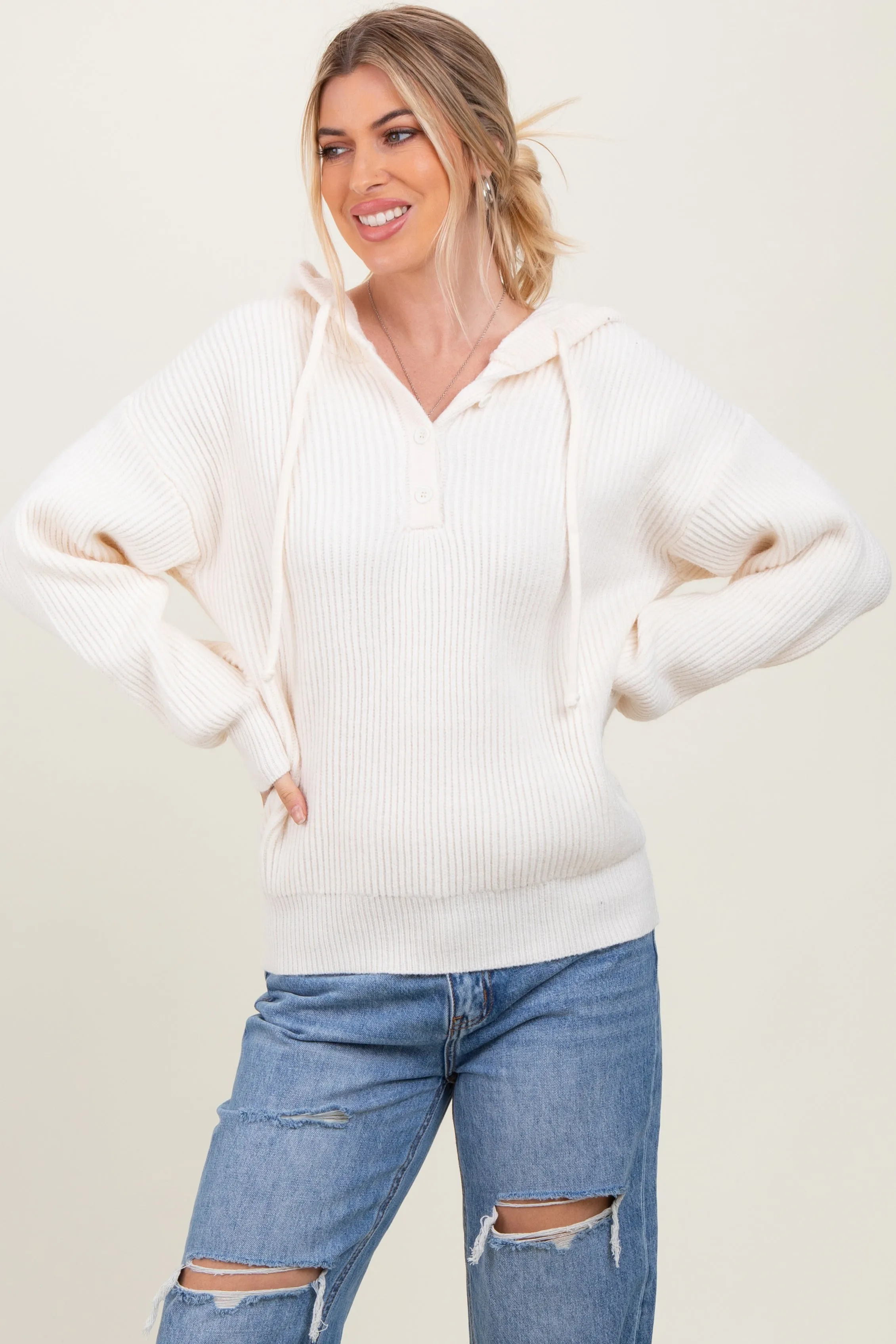 Cream Ribbed Knit Button Front Hooded Sweater sold by Pinkblush