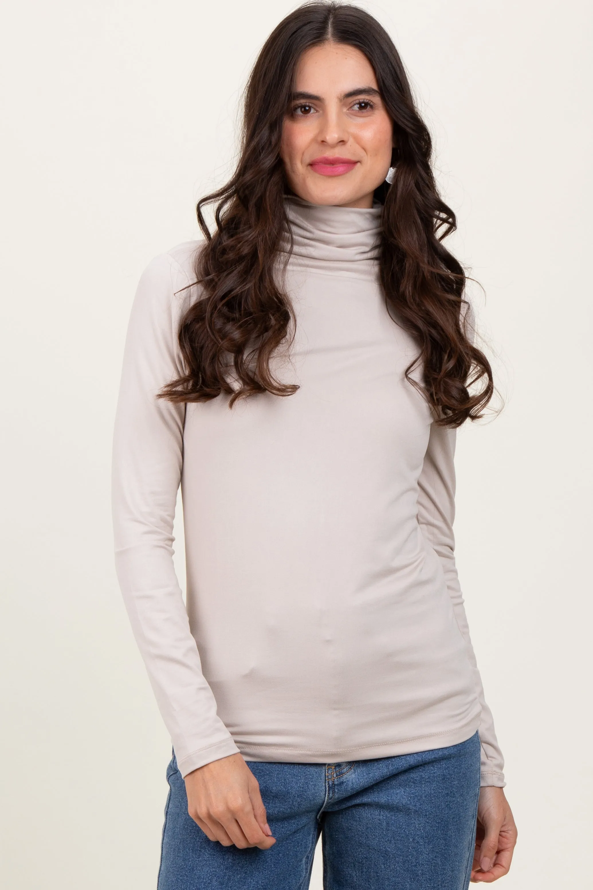 Cream Brushed Knit Basic Turtleneck Top sold by Pinkblush