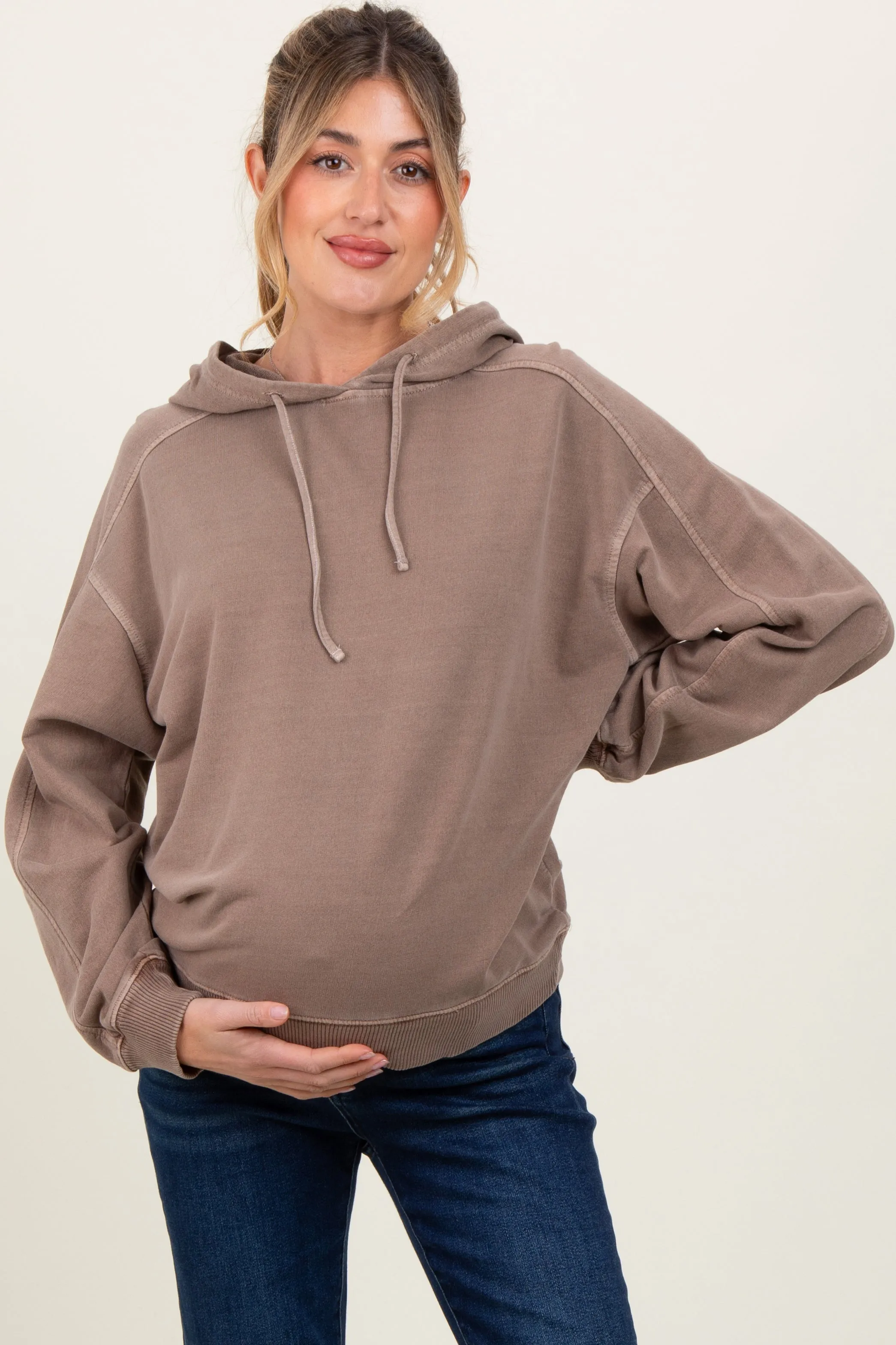 Mocha French Terry Hooded Maternity Sweatshirt sold by Pinkblush