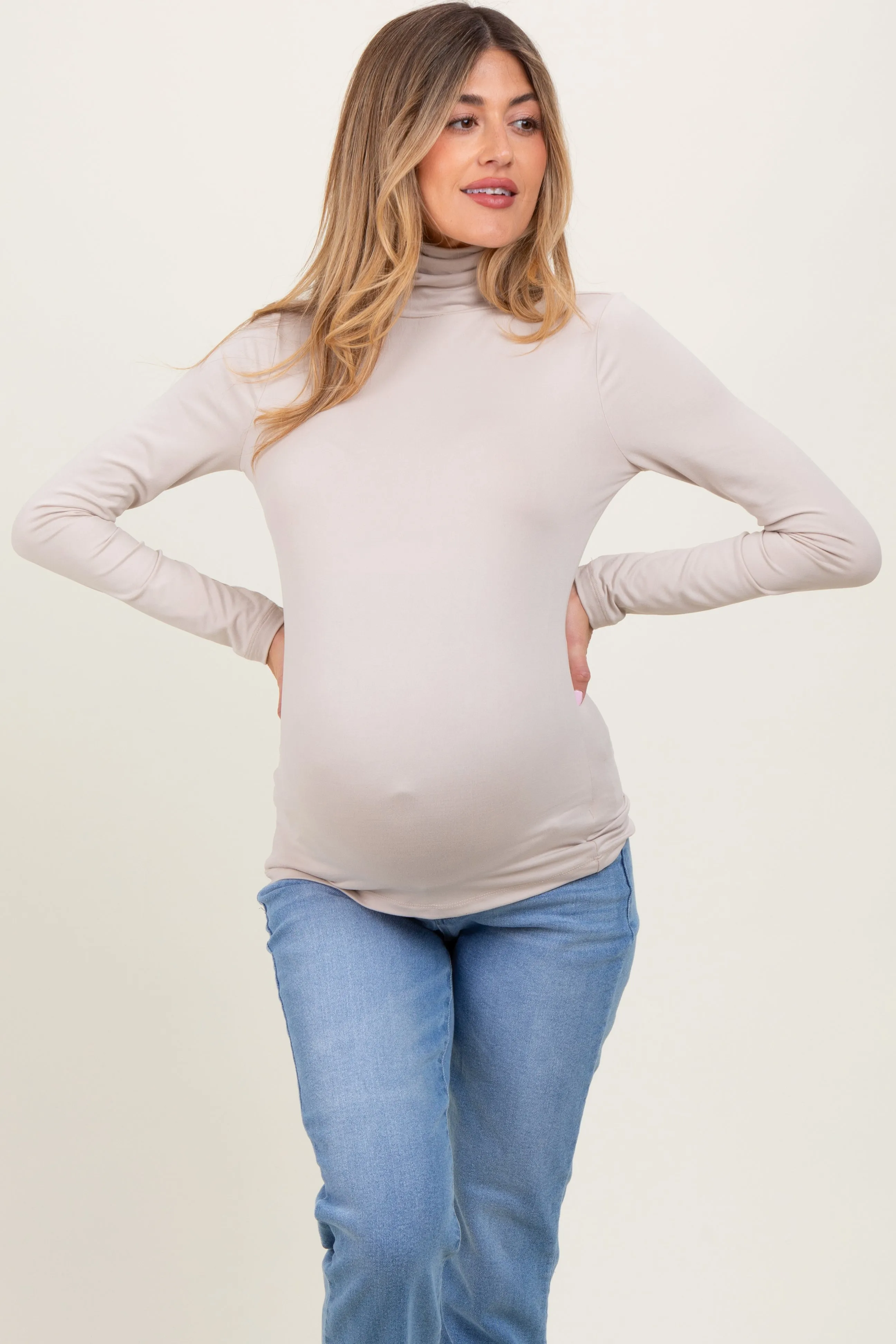 Cream Brushed Knit Basic Turtleneck Maternity Top sold by Pinkblush product image thumbnail 2