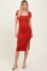 Orange Ribbed Short Sleeve Side Slit Midi Dress sold by Pinkblush