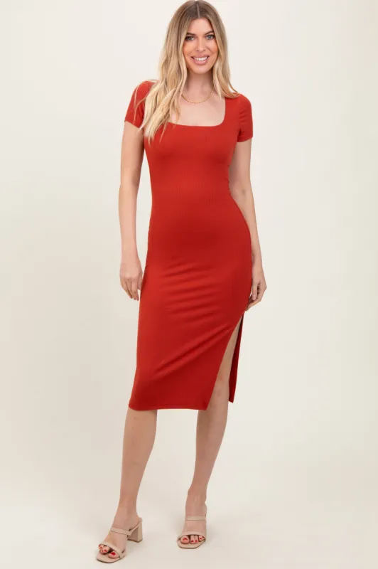 Orange Ribbed Short Sleeve Side Slit Midi Dress sold by Pinkblush
