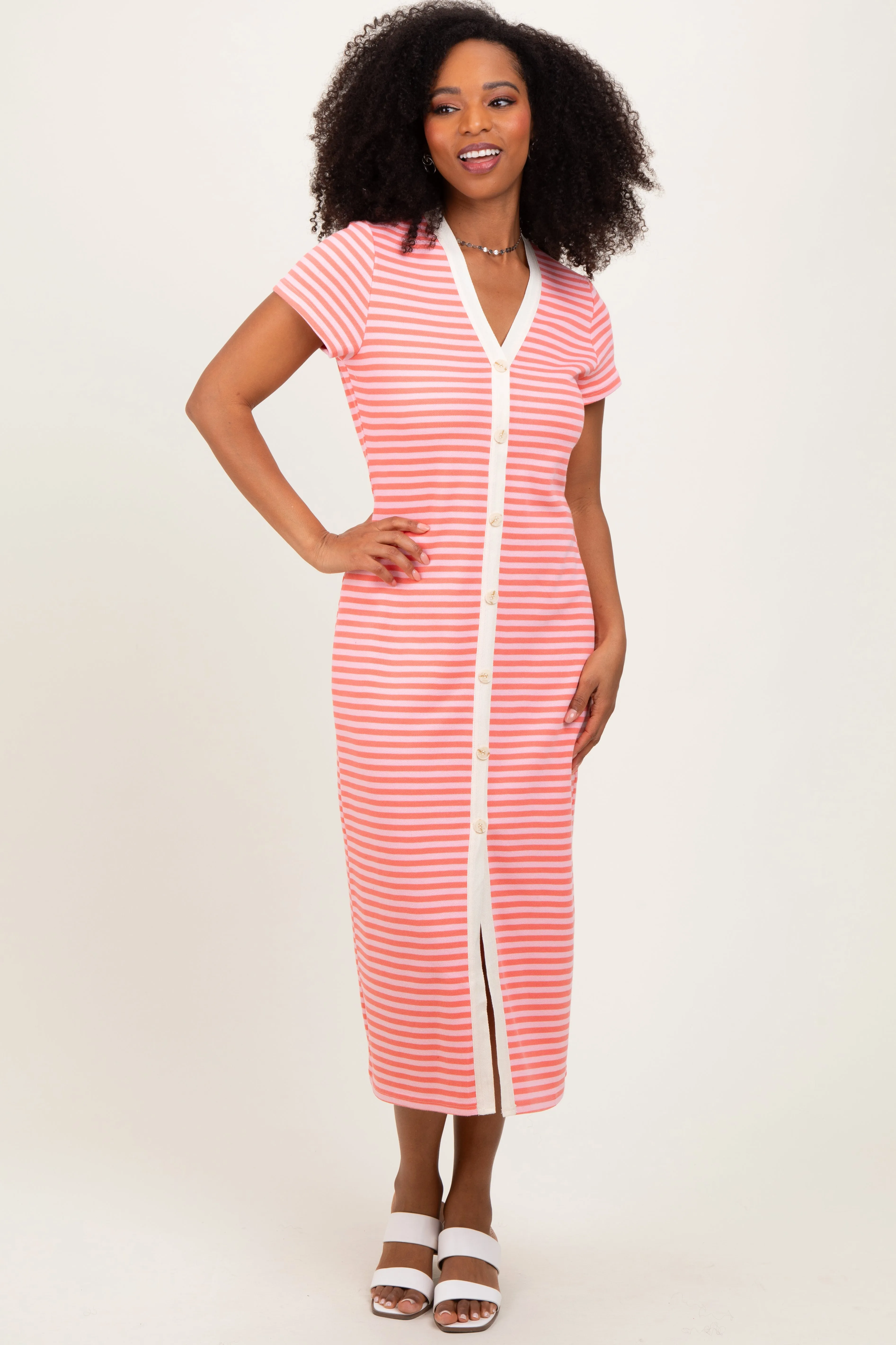 Pink Striped Button Down Midi Dress sold by Pinkblush product image thumbnail 2