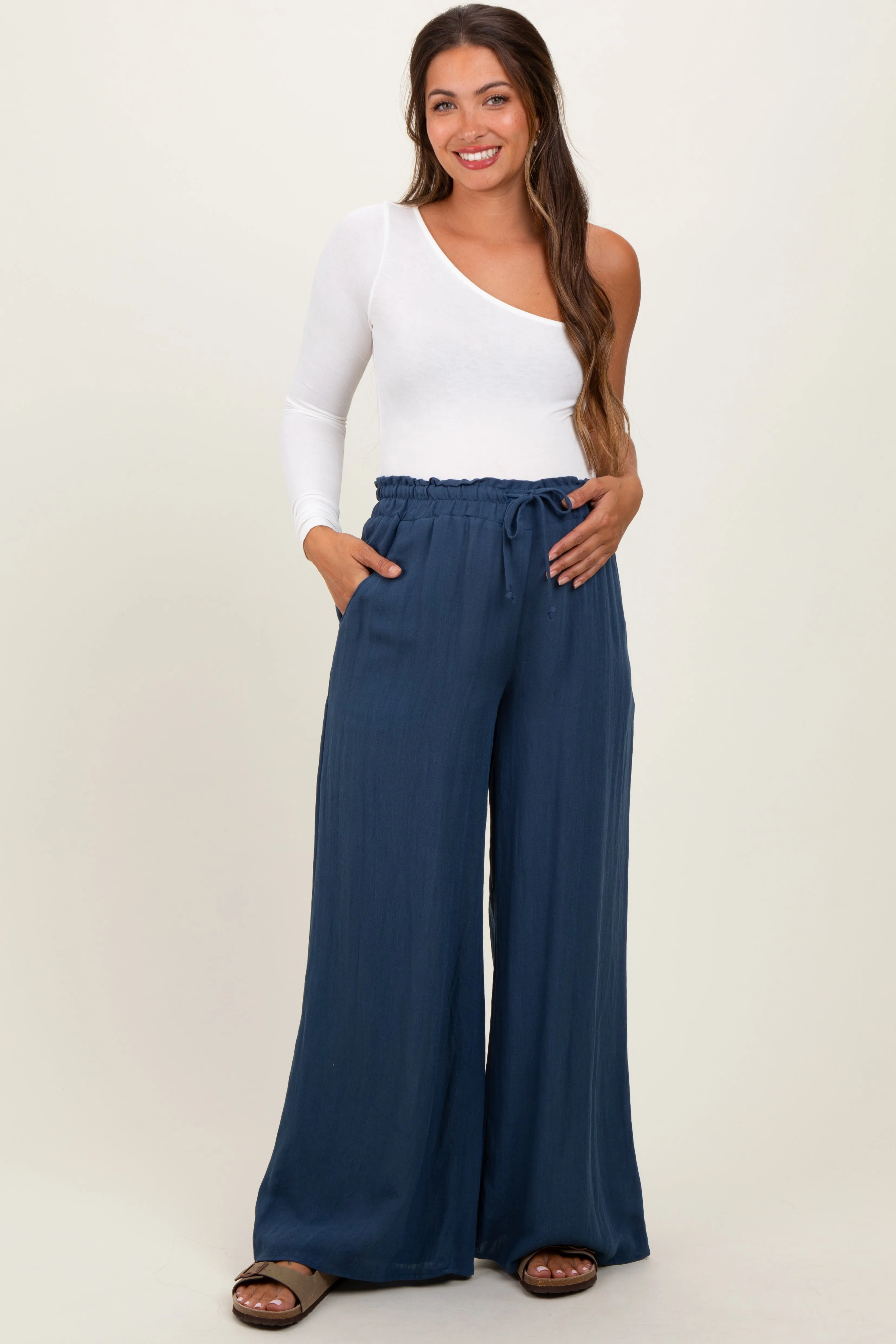 Navy Ruffled Drawstring Waist Wide Leg Maternity Pants sold by Pinkblush product image thumbnail 2