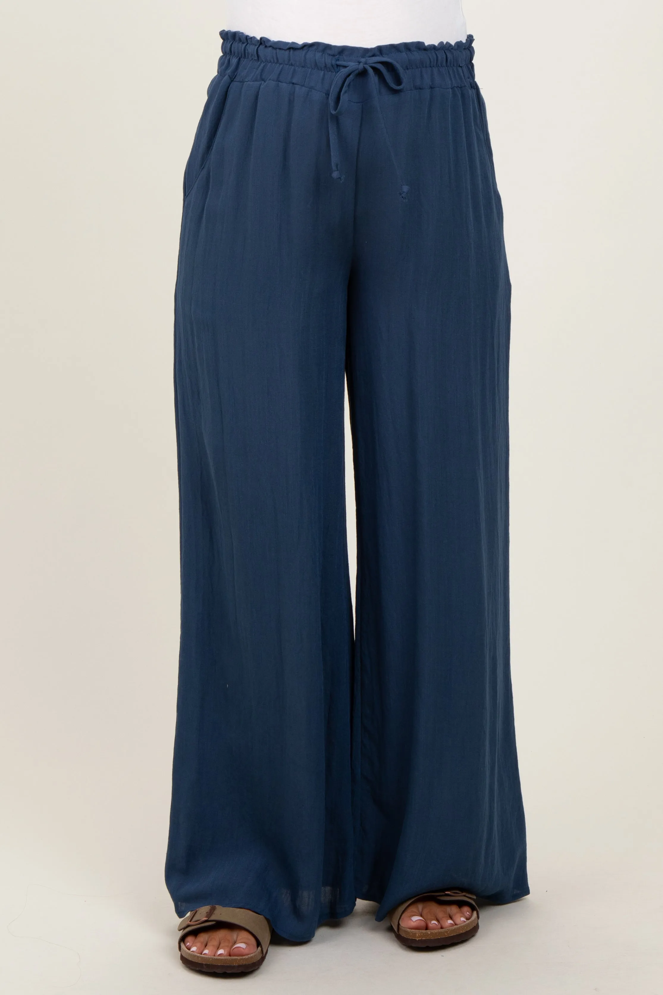 Navy Ruffled Drawstring Waist Wide Leg Maternity Pants sold by Pinkblush product image thumbnail 3