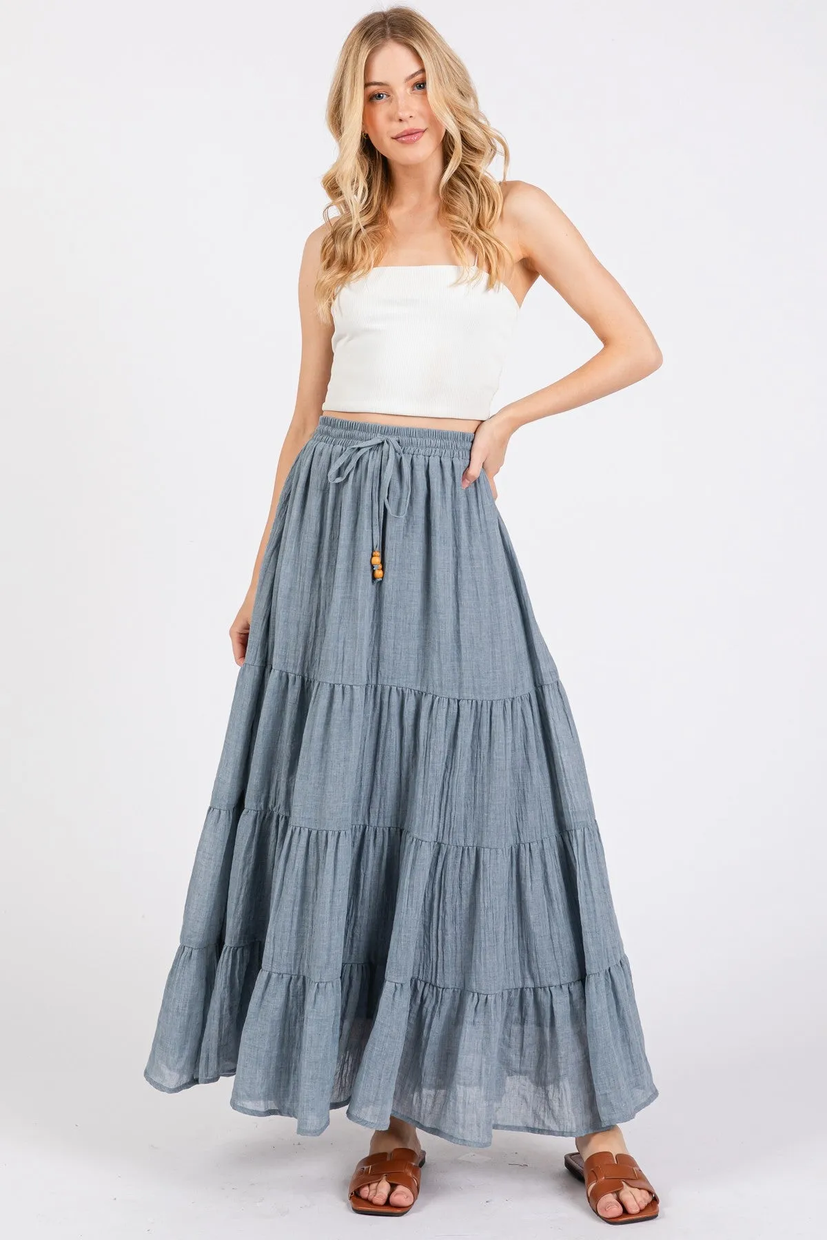 Blue Drawstring Tiered Maxi Skirt sold by Pinkblush