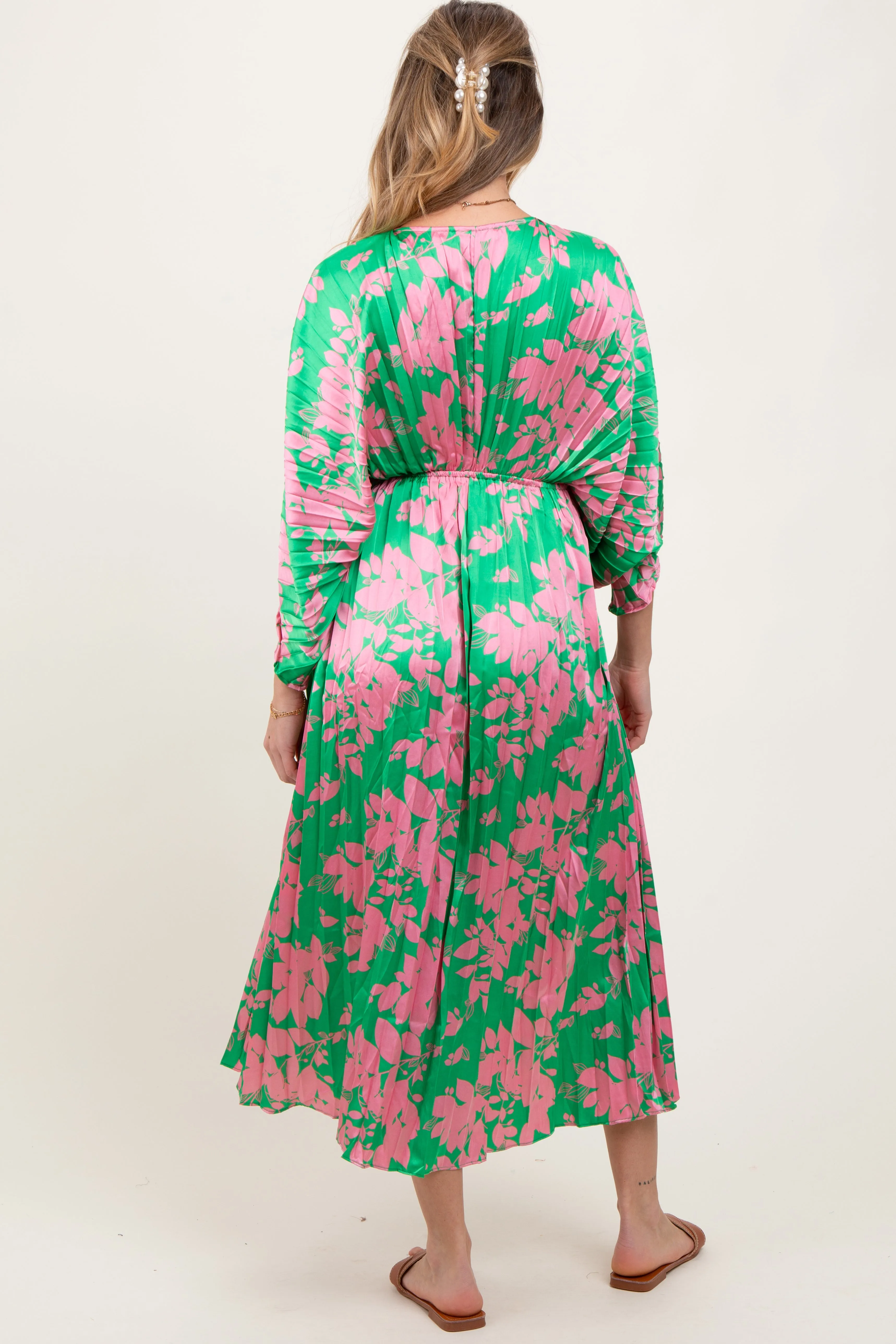 Green Floral Satin Pleated V-Neck Maternity Maxi Dress sold by Pinkblush product image thumbnail 4