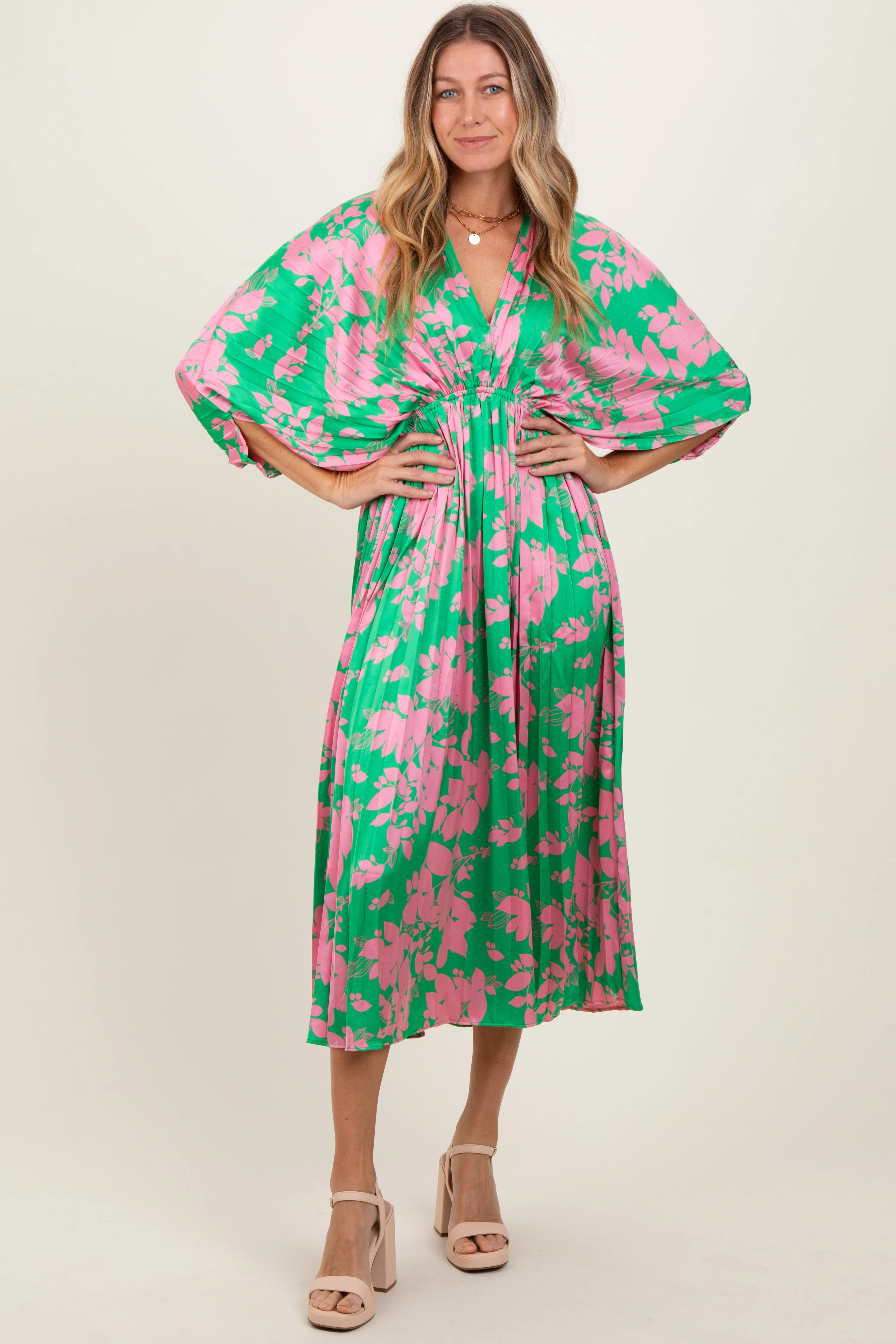 Green Floral Satin Pleated V-Neck Maternity Maxi Dress sold by Pinkblush product image thumbnail 5