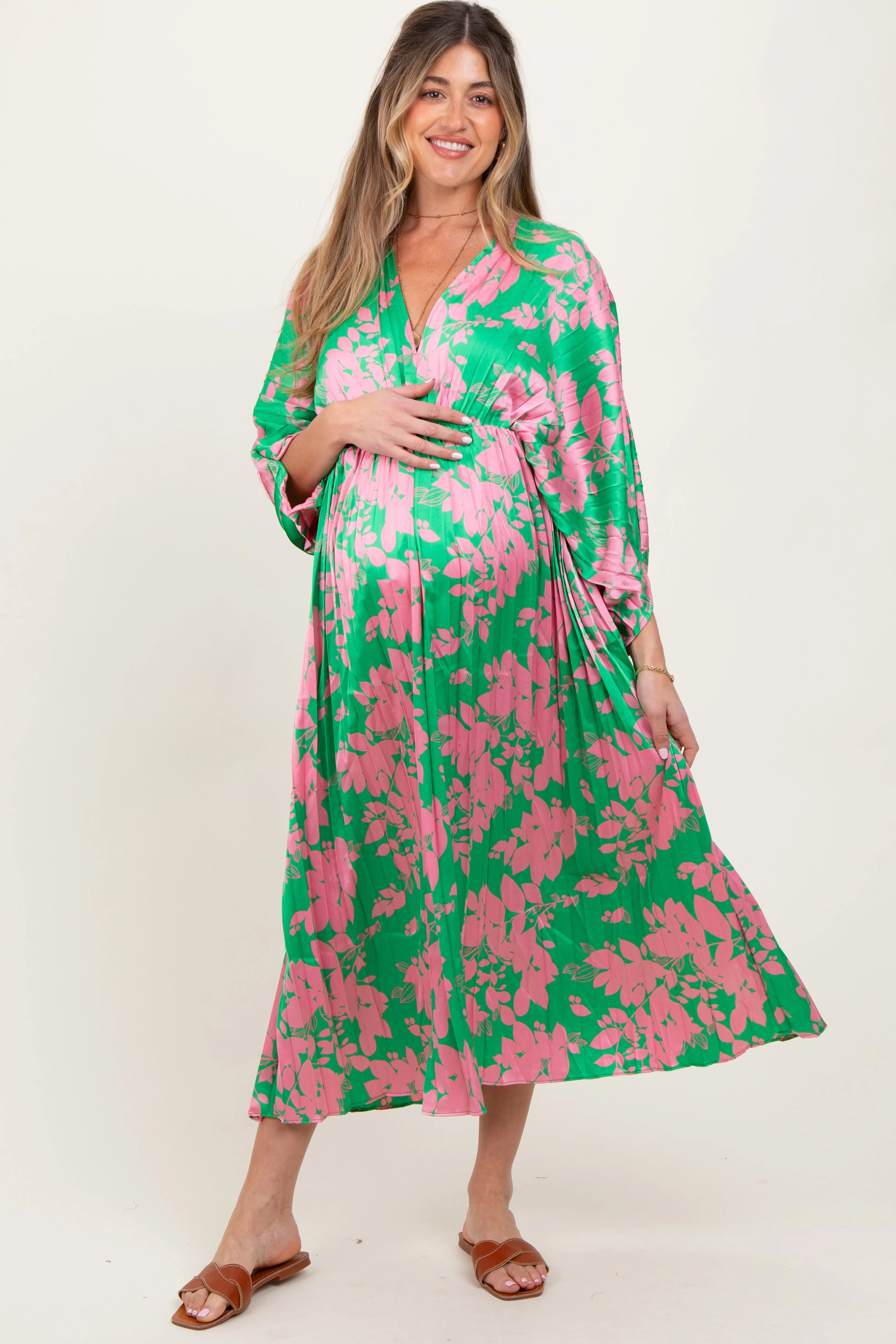 Green Floral Satin Pleated V-Neck Maternity Maxi Dress sold by Pinkblush product image thumbnail 2