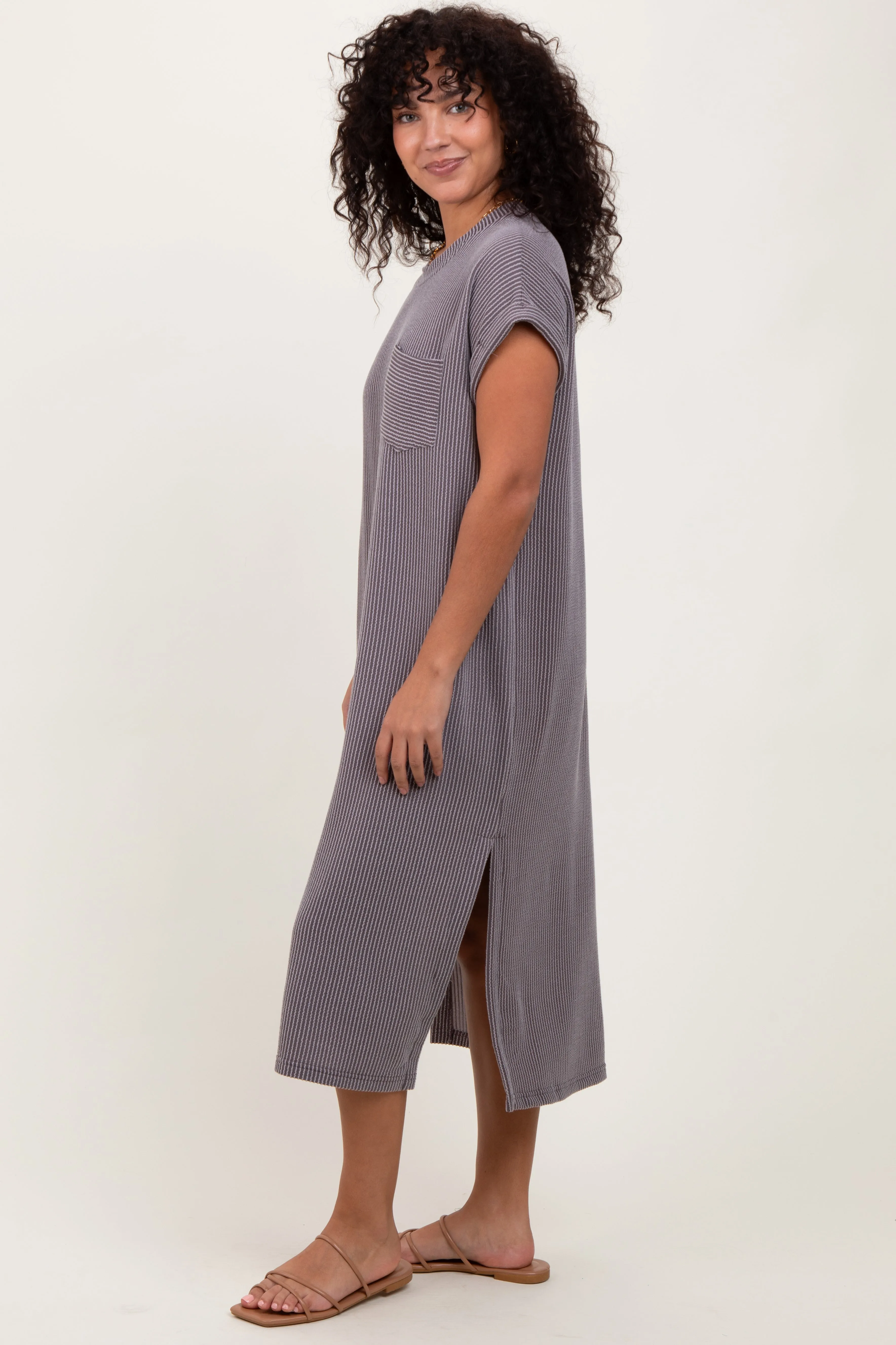 Grey Ribbed Short Sleeve Front Pocket Midi Dress sold by Pinkblush product image thumbnail 2
