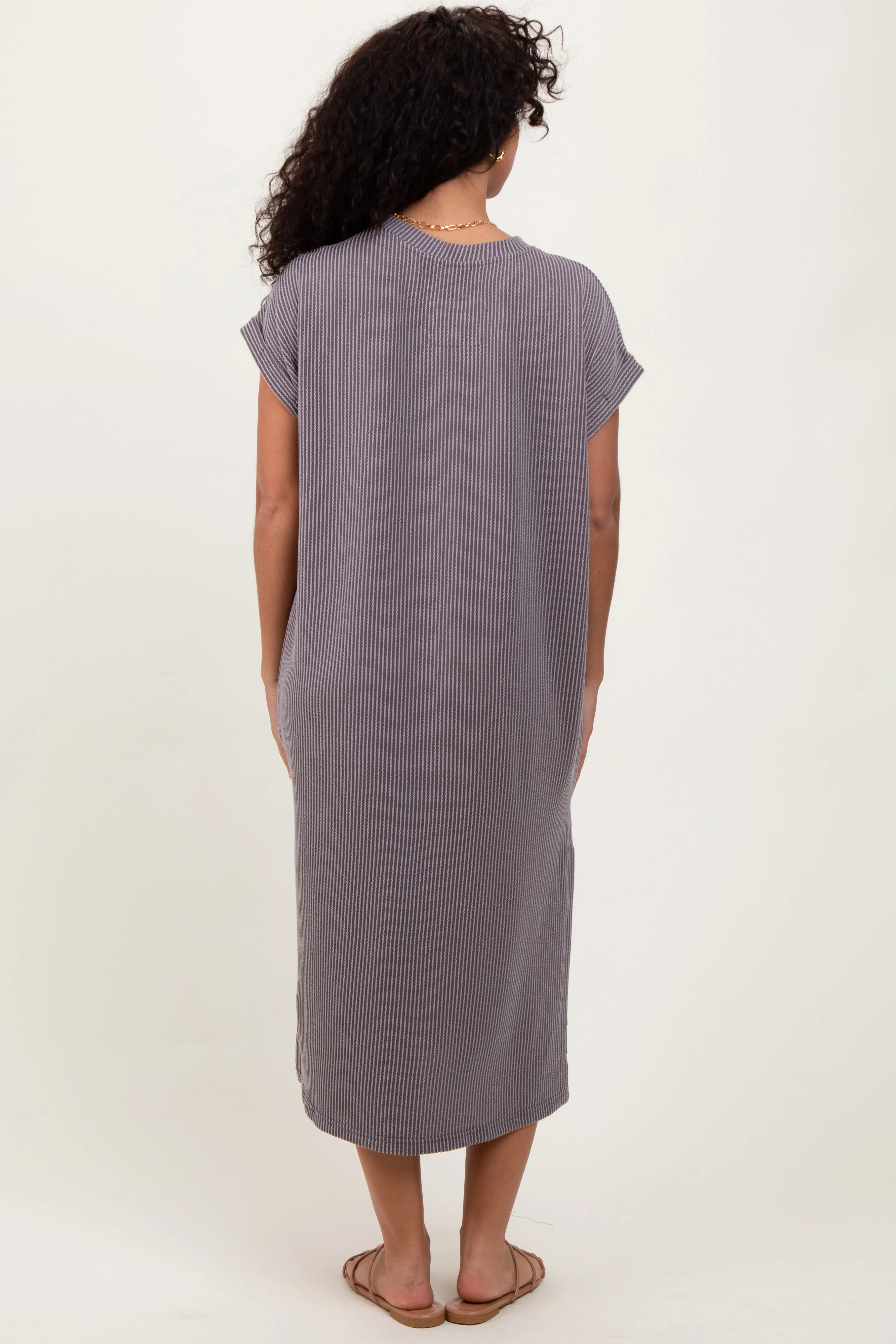 Grey Ribbed Short Sleeve Front Pocket Midi Dress sold by Pinkblush product image thumbnail 3