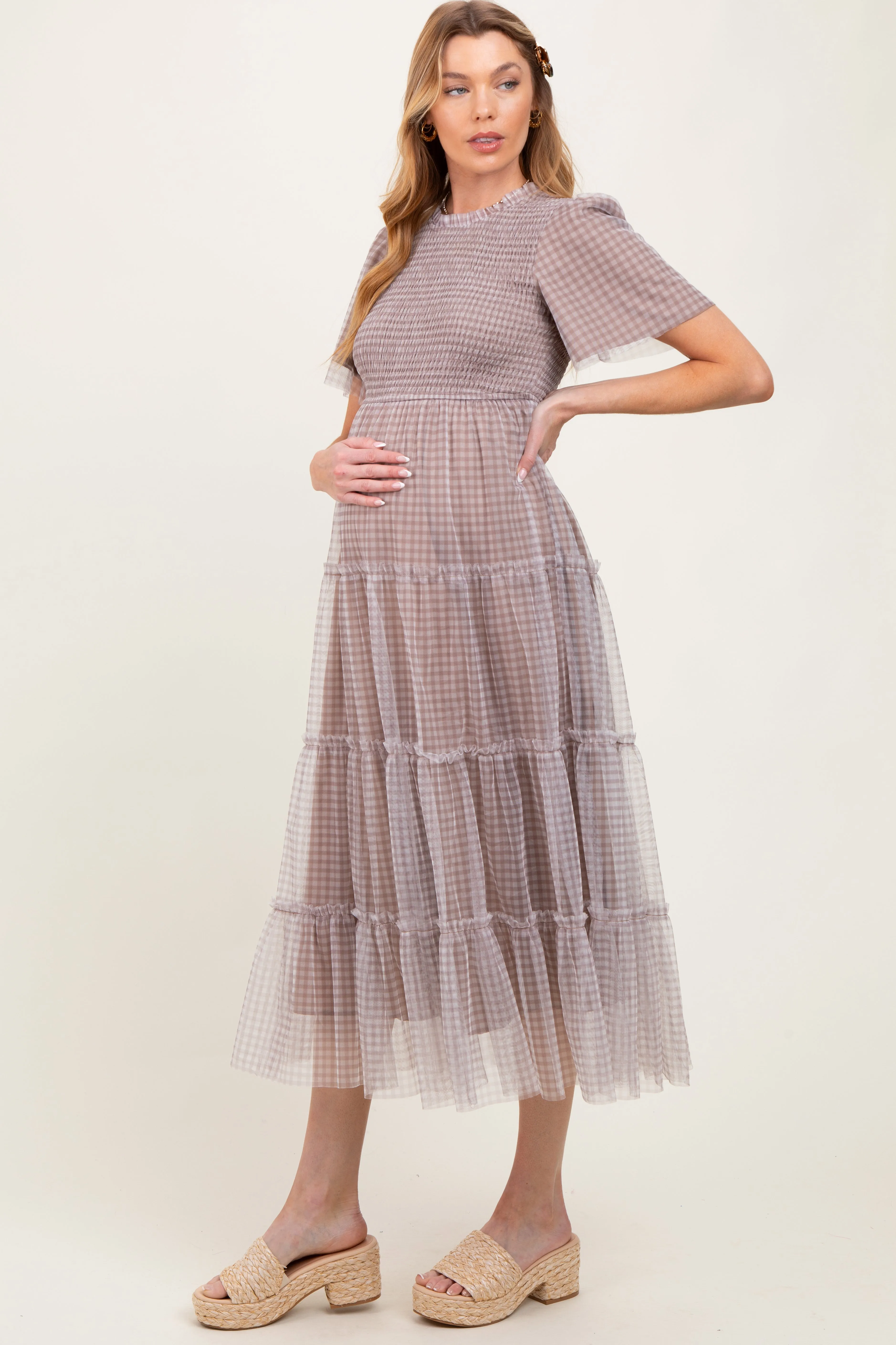 Grey Gingham Mesh Tiered Maternity Midi Dress sold by Pinkblush product image thumbnail 3