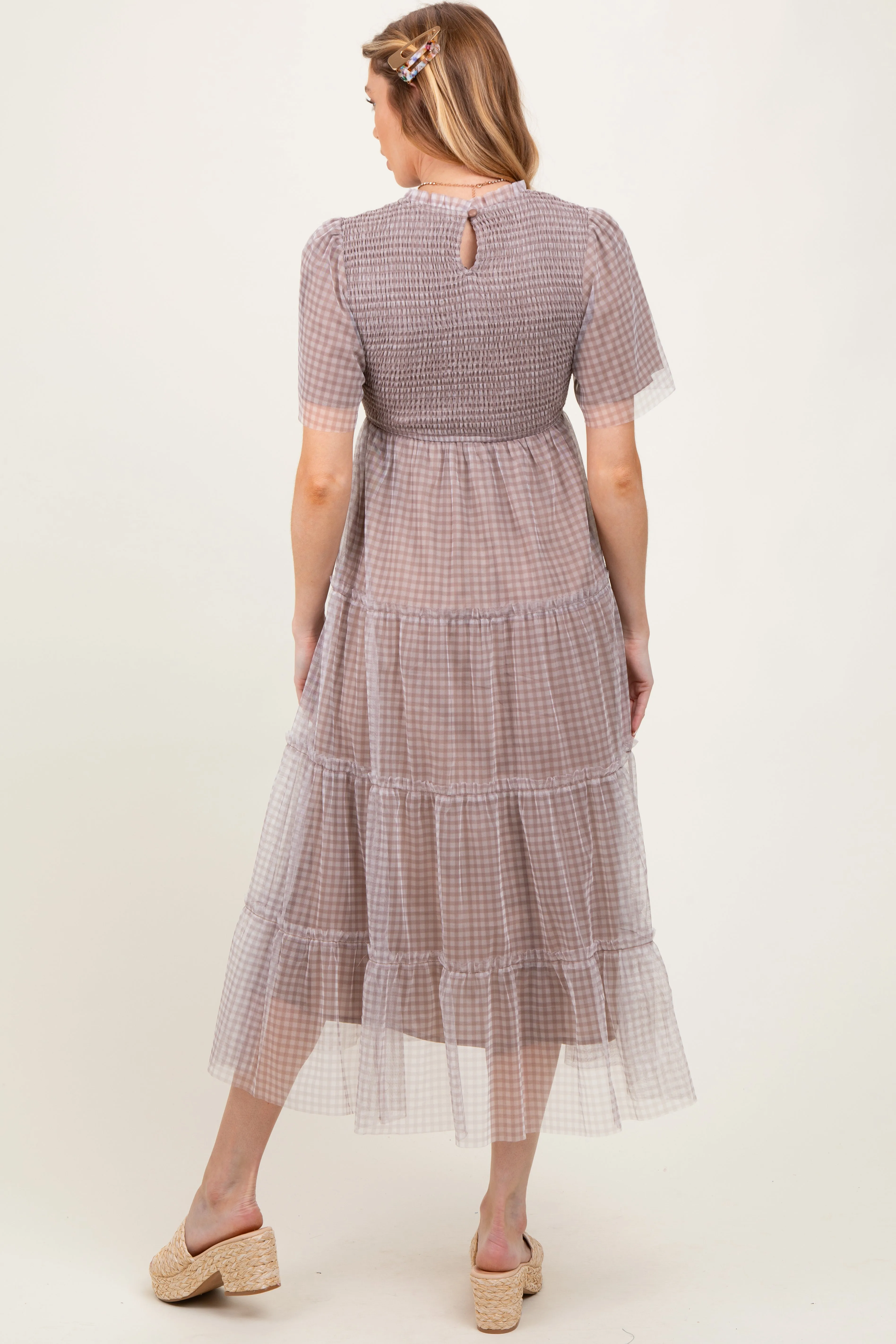 Grey Gingham Mesh Tiered Maternity Midi Dress sold by Pinkblush product image thumbnail 4