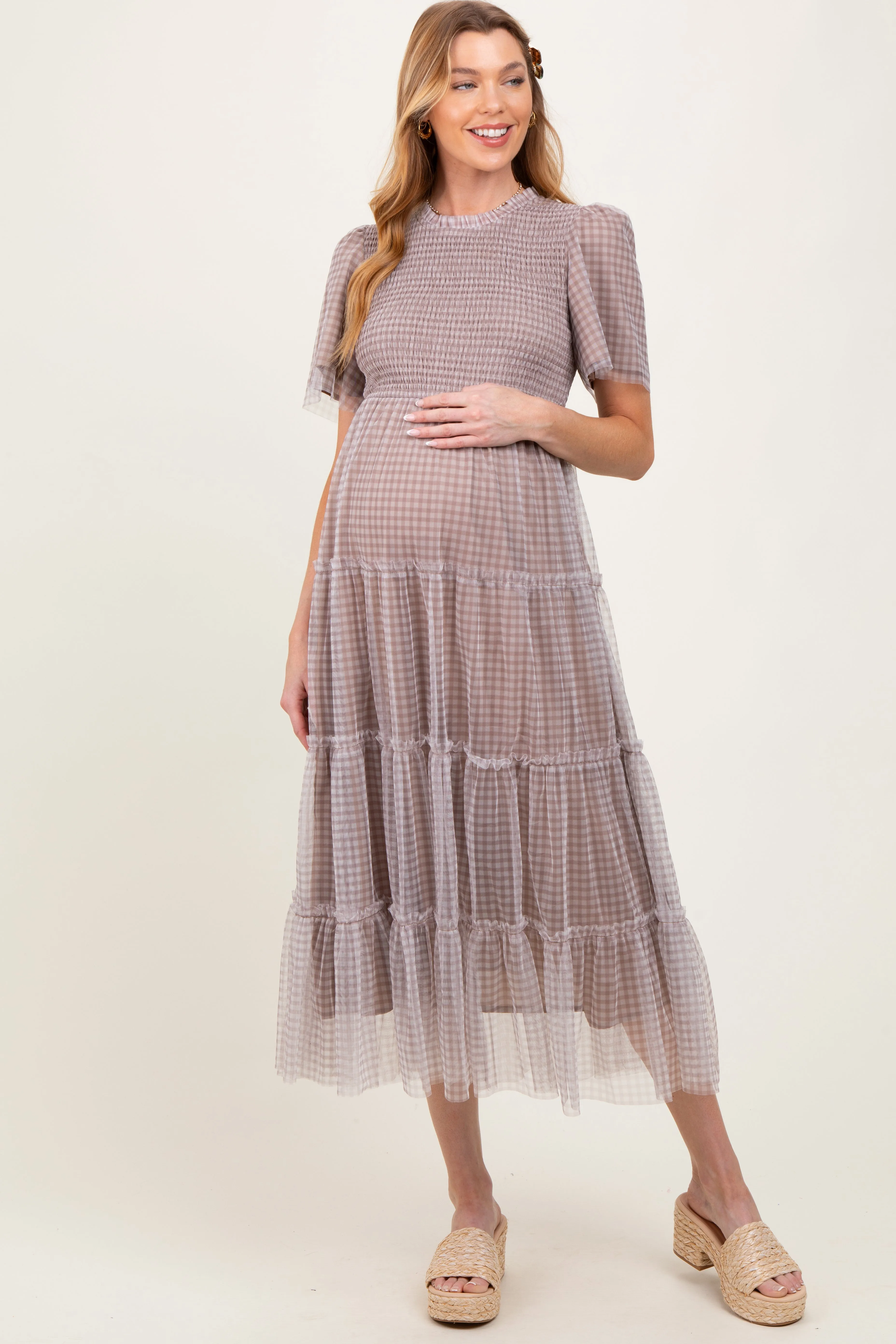 Grey Gingham Mesh Tiered Maternity Midi Dress sold by Pinkblush