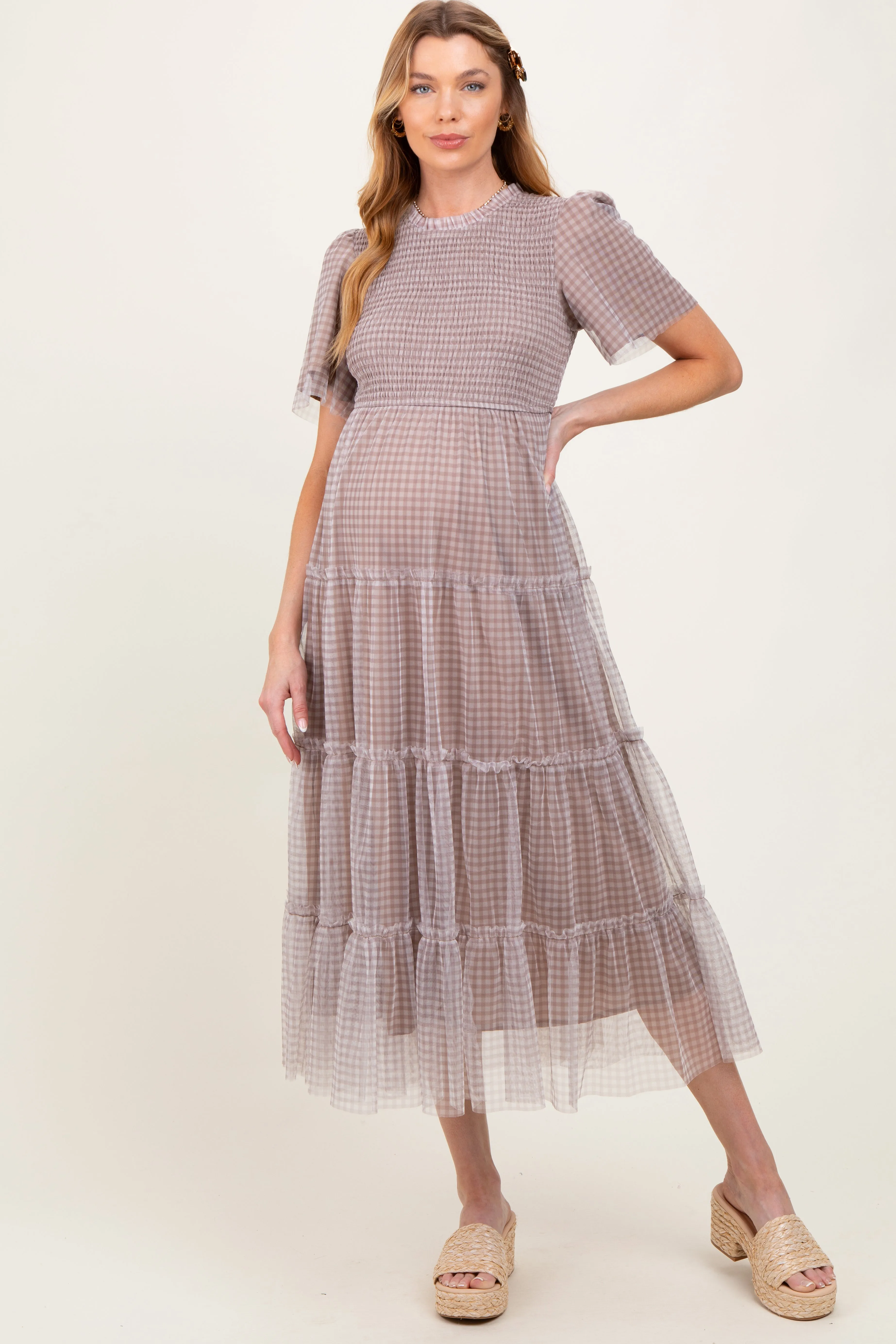 Grey Gingham Mesh Tiered Maternity Midi Dress sold by Pinkblush product image thumbnail 2