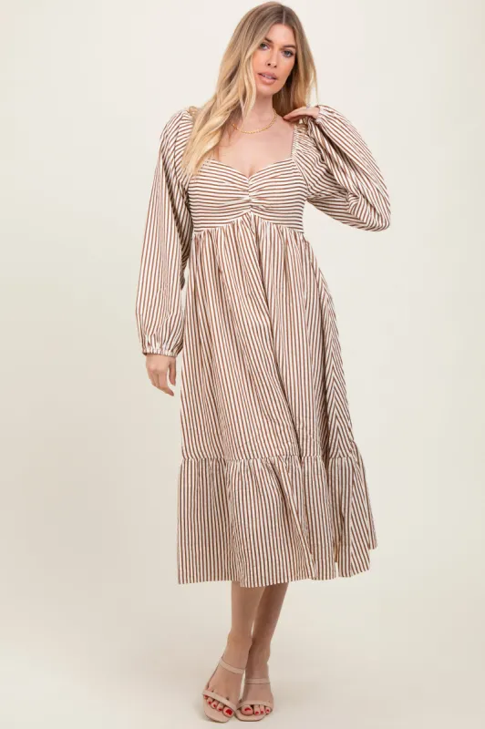 Brown Striped Ruched Bodice Balloon Sleeved Midi Dress sold by Pinkblush
