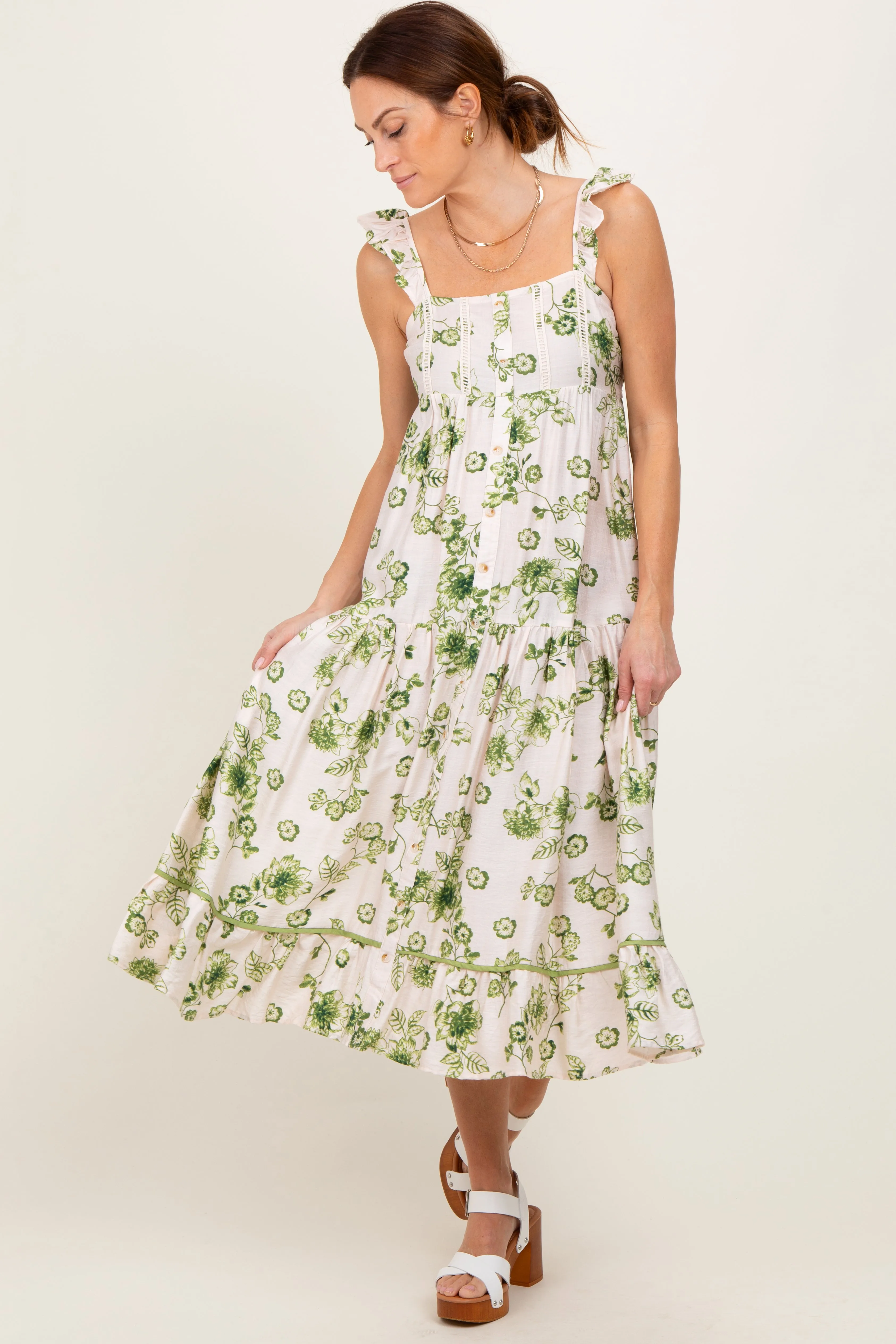 Green Floral Ruffle Strap Tiered Midi Dress sold by Pinkblush product image thumbnail 2