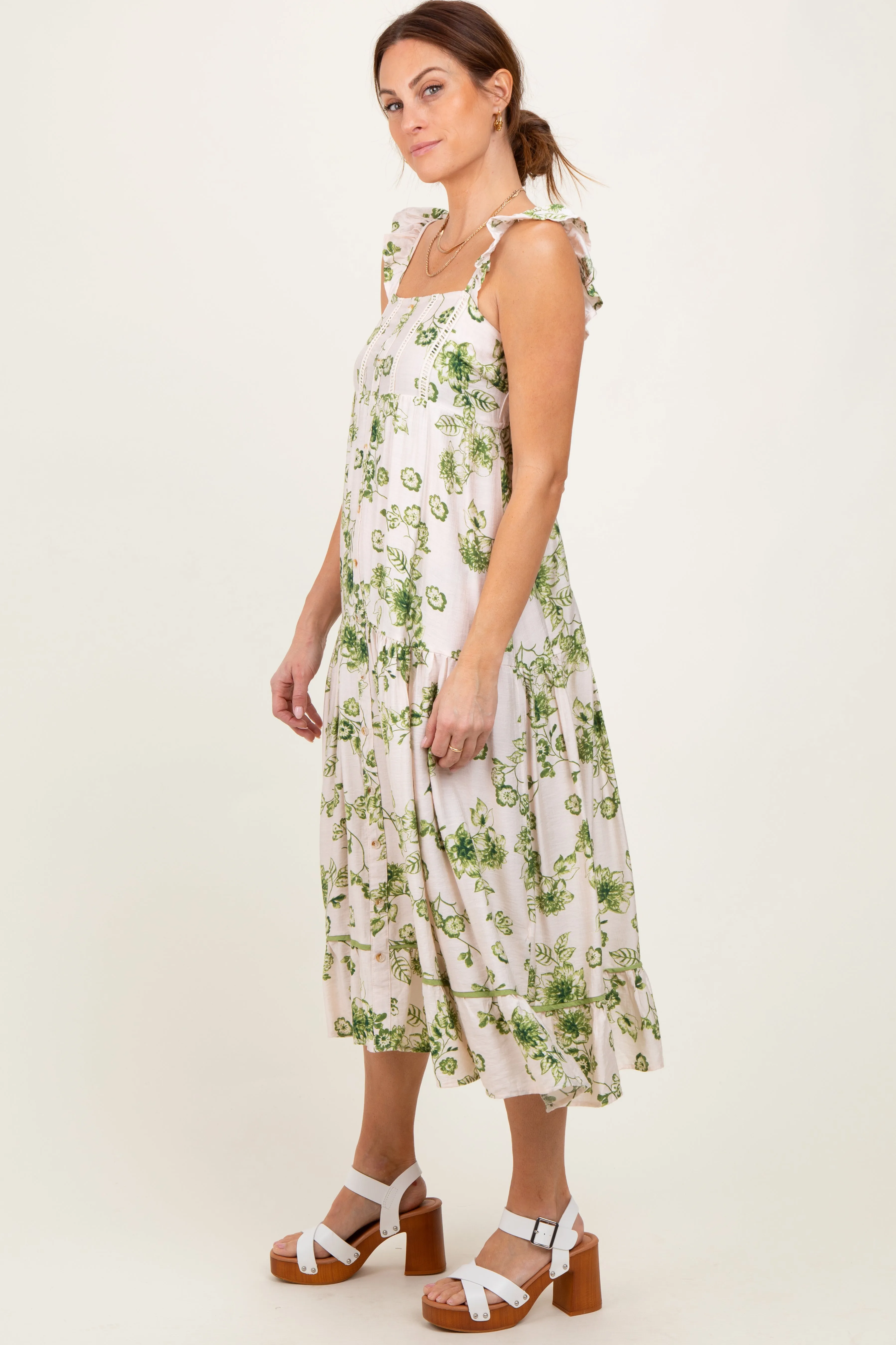 Green Floral Ruffle Strap Tiered Midi Dress sold by Pinkblush product image thumbnail 3
