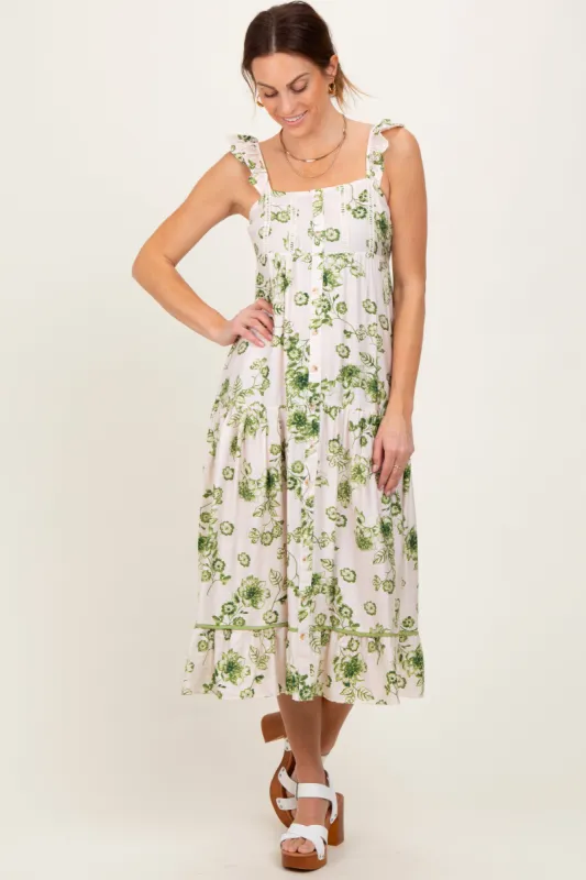 Green Floral Ruffle Strap Tiered Midi Dress sold by Pinkblush