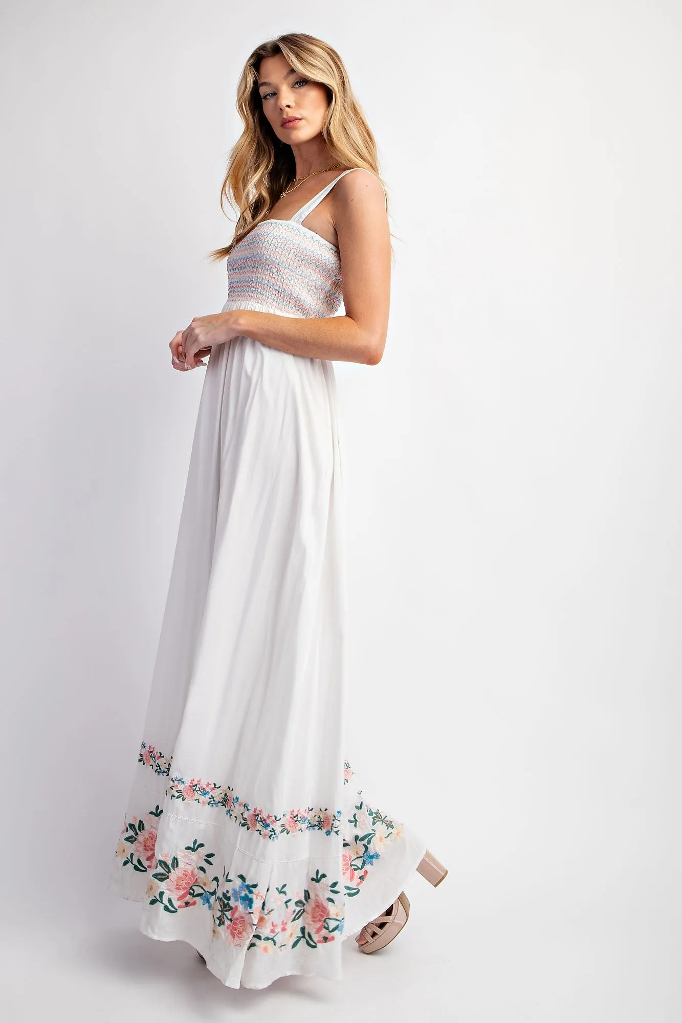White Smocked Embroidered Floral Border Maxi Dress sold by Pinkblush product image thumbnail 2