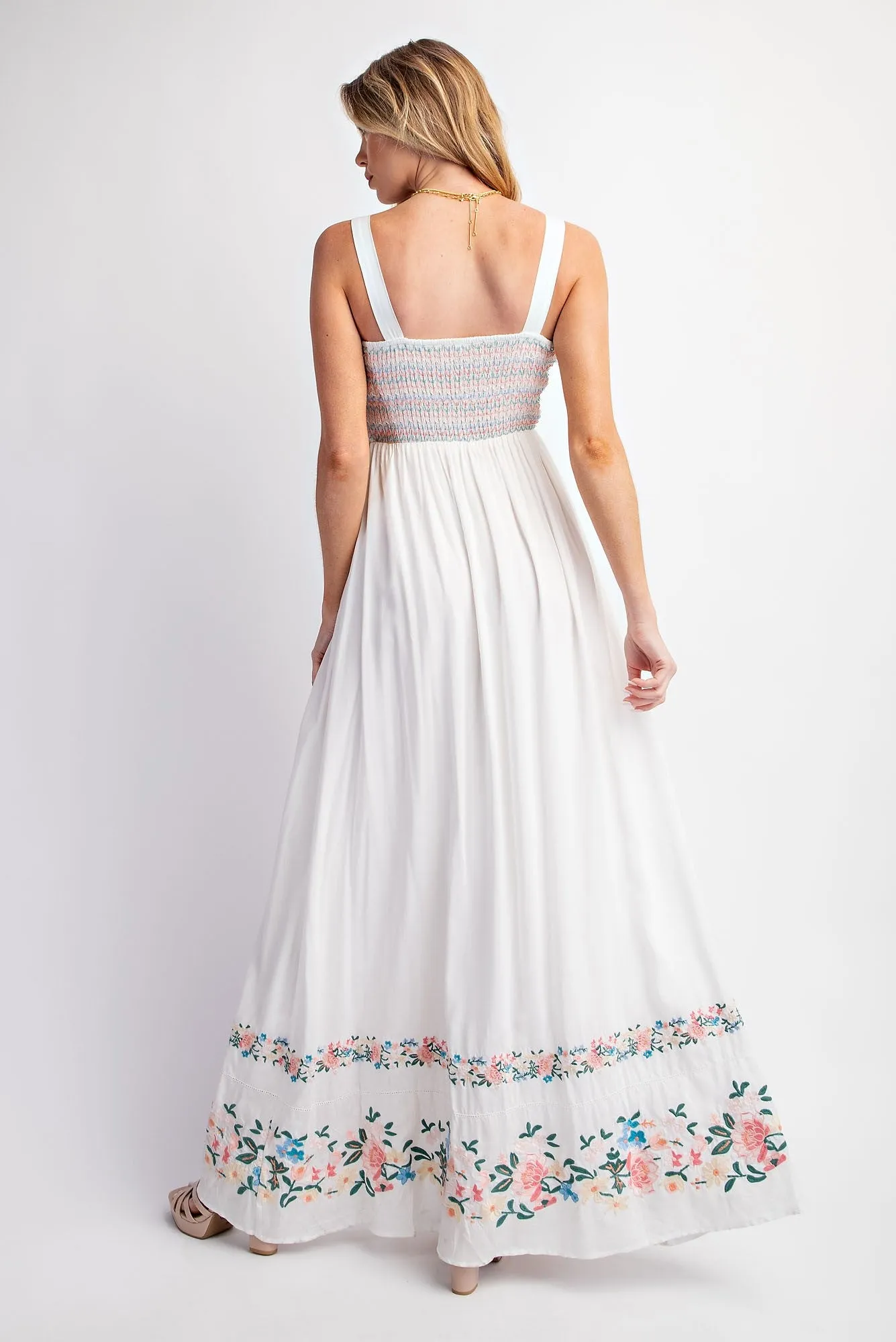 White Smocked Embroidered Floral Border Maxi Dress sold by Pinkblush product image thumbnail 3