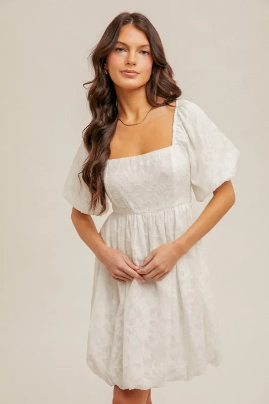 White Chiffon Jacquard Print Square Neck Bubble Dress sold by Pinkblush