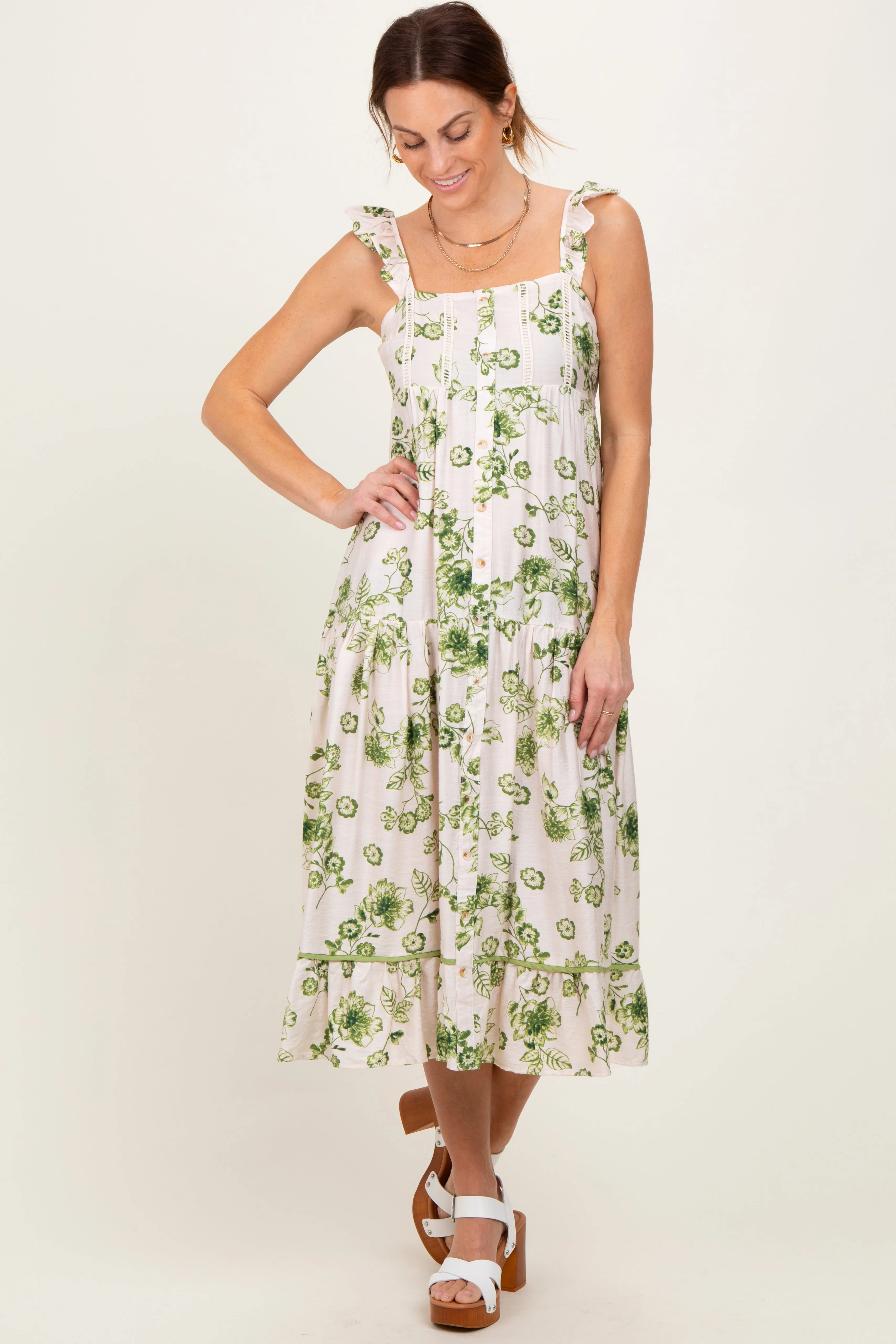 Green Floral Ruffle Strap Tiered Maternity Midi Dress sold by Pinkblush product image thumbnail 4