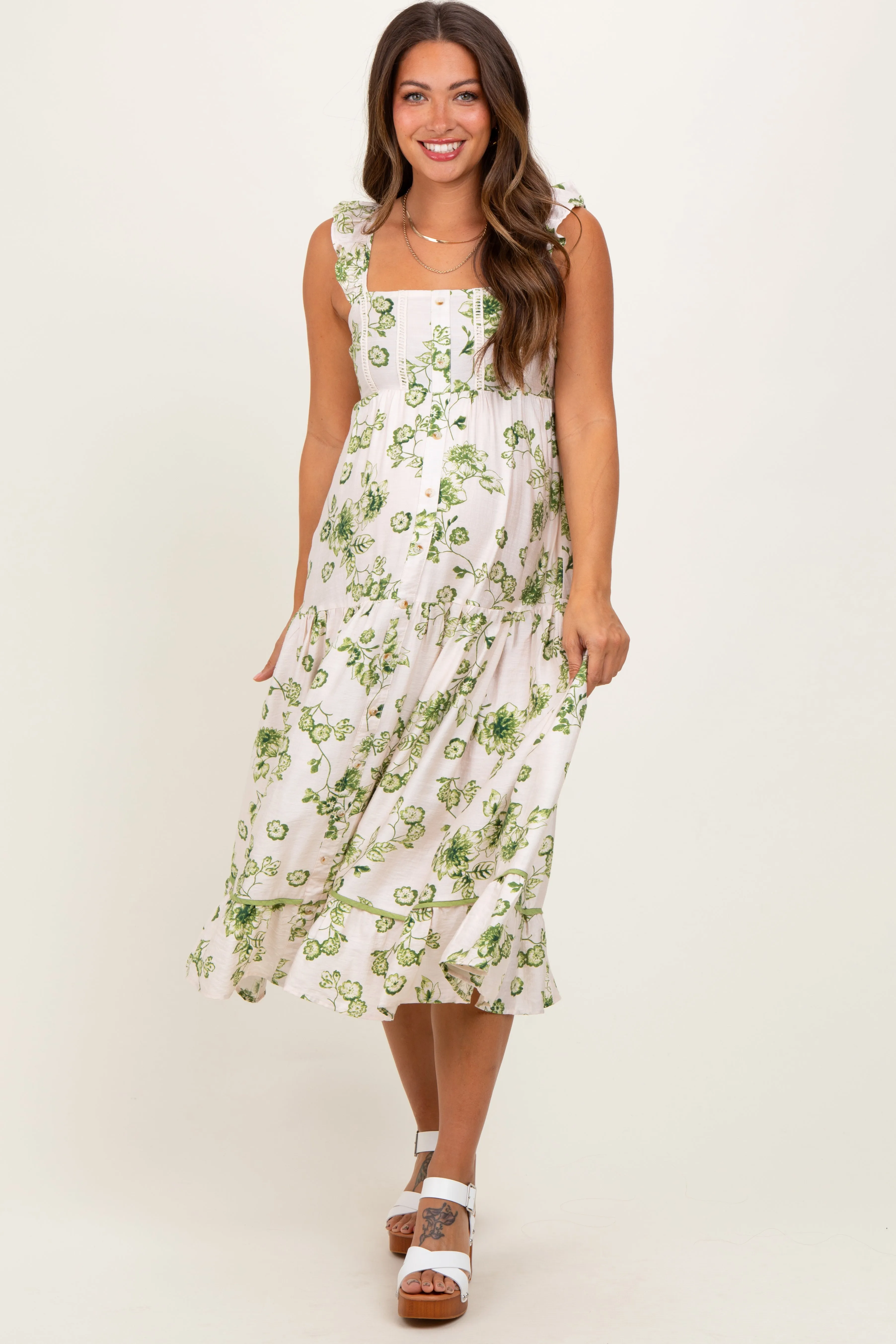Green Floral Ruffle Strap Tiered Maternity Midi Dress sold by Pinkblush