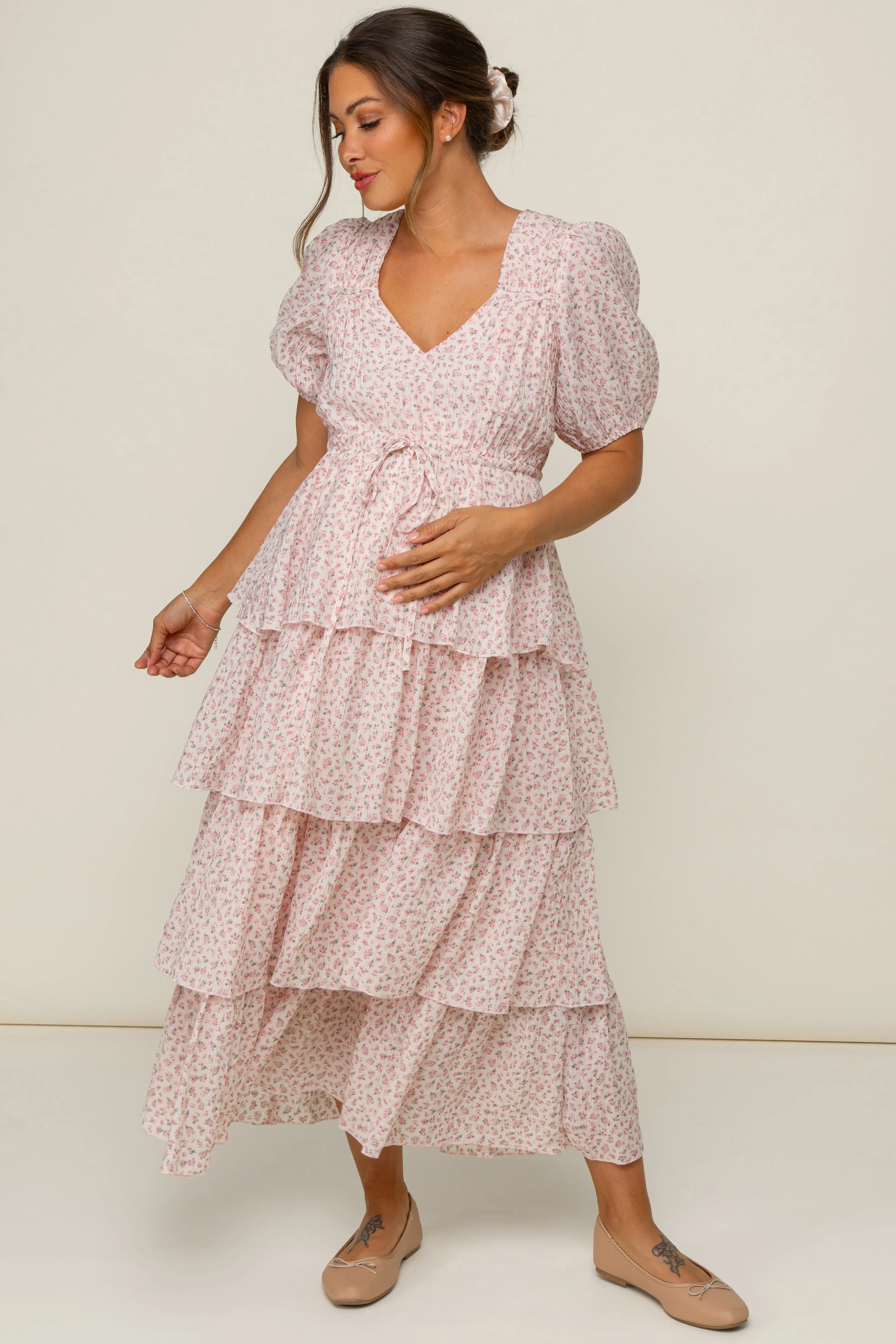 Light Pink Floral Ruffle Tiered Maternity Maxi Dress sold by Pinkblush